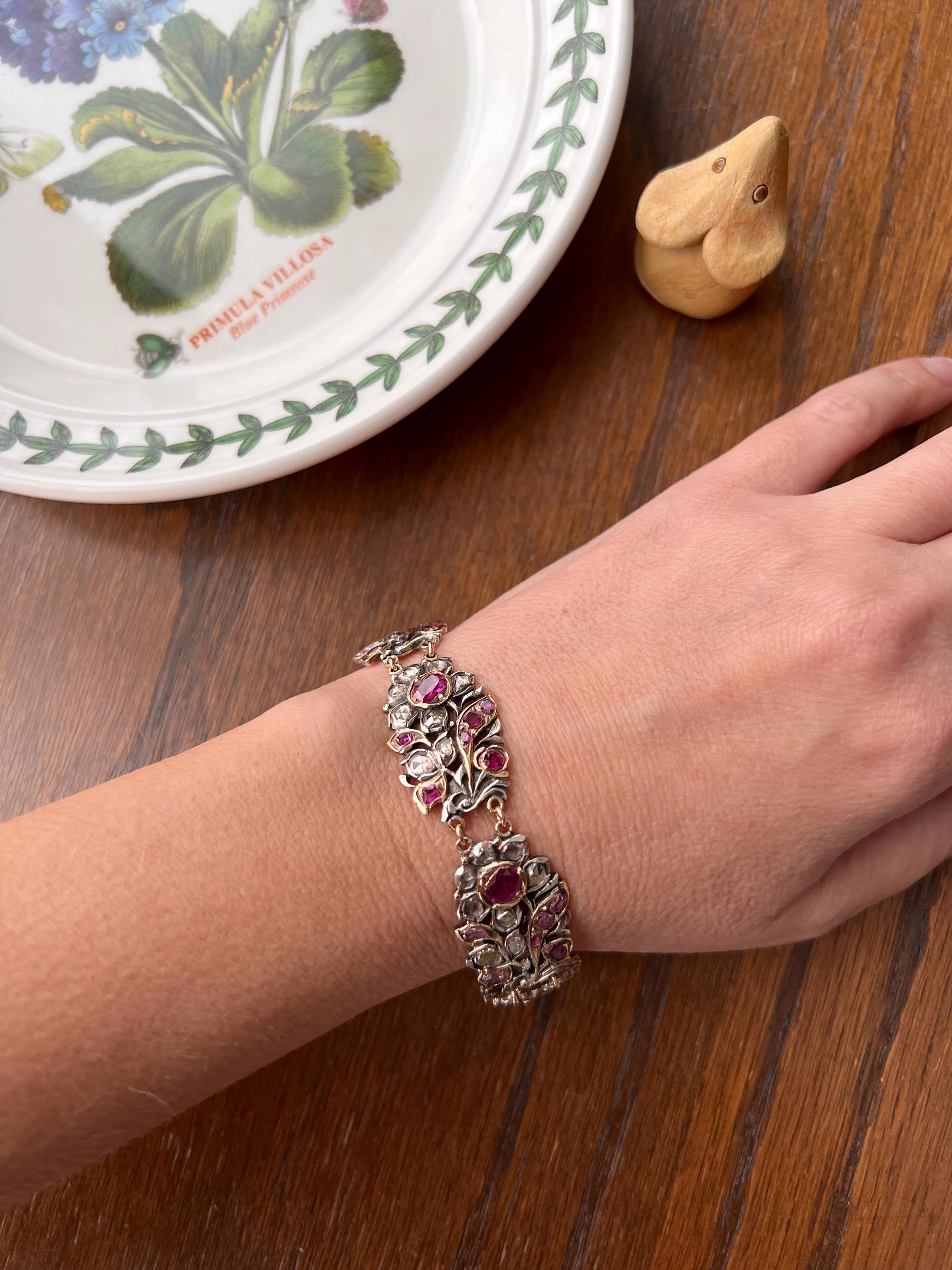 RARE Floral GIARDINETTI Antique Bracelet Flat Cut Ruby Pink Sapphire Rose Cut DIAMOND Figural Link Bracelet Georgian 14k Gold Silver - Image 6