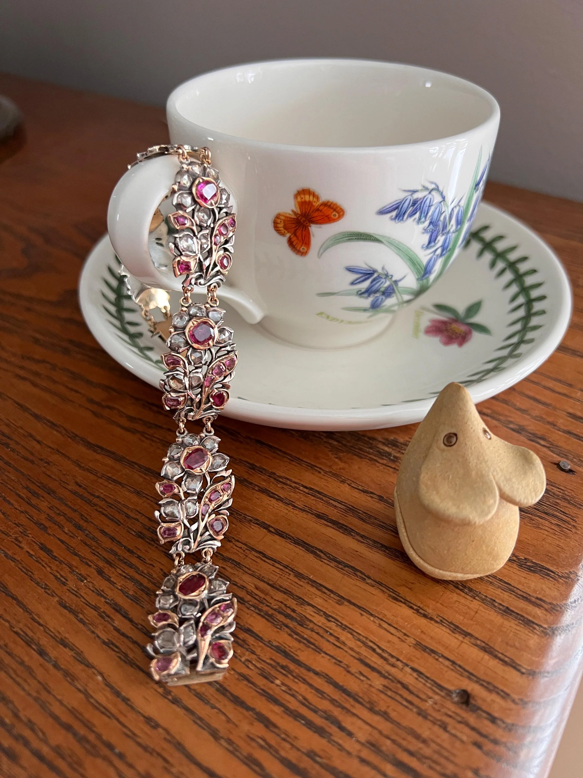 RARE Floral GIARDINETTI Antique Bracelet Flat Cut Ruby Pink Sapphire Rose Cut DIAMOND Figural Link Bracelet Georgian 14k Gold Silver - Image 7