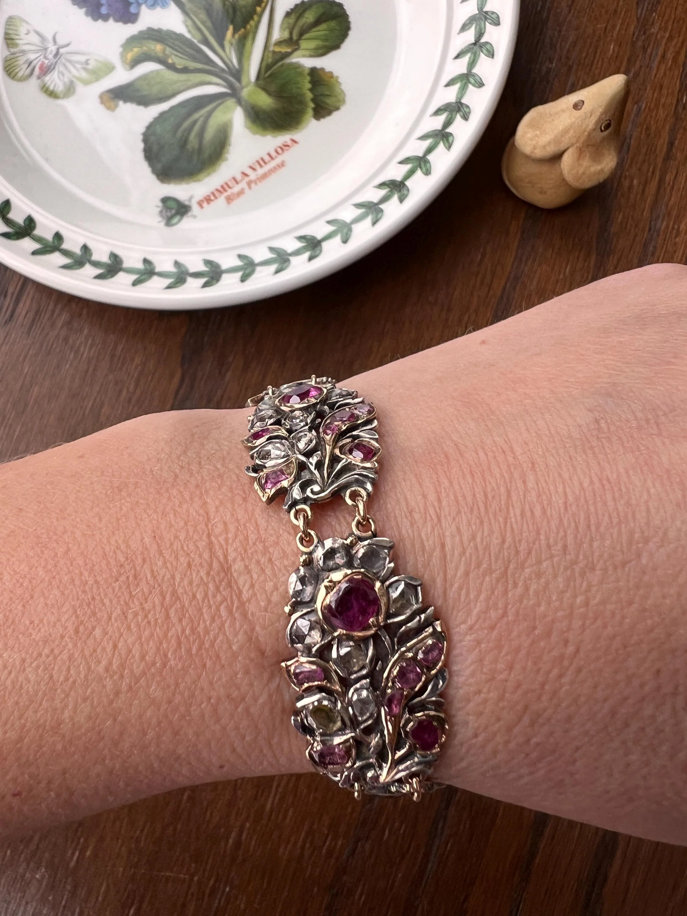 RARE Floral GIARDINETTI Antique Bracelet Flat Cut Ruby Pink Sapphire Rose Cut DIAMOND Figural Link Bracelet Georgian 14k Gold Silver - Image 8
