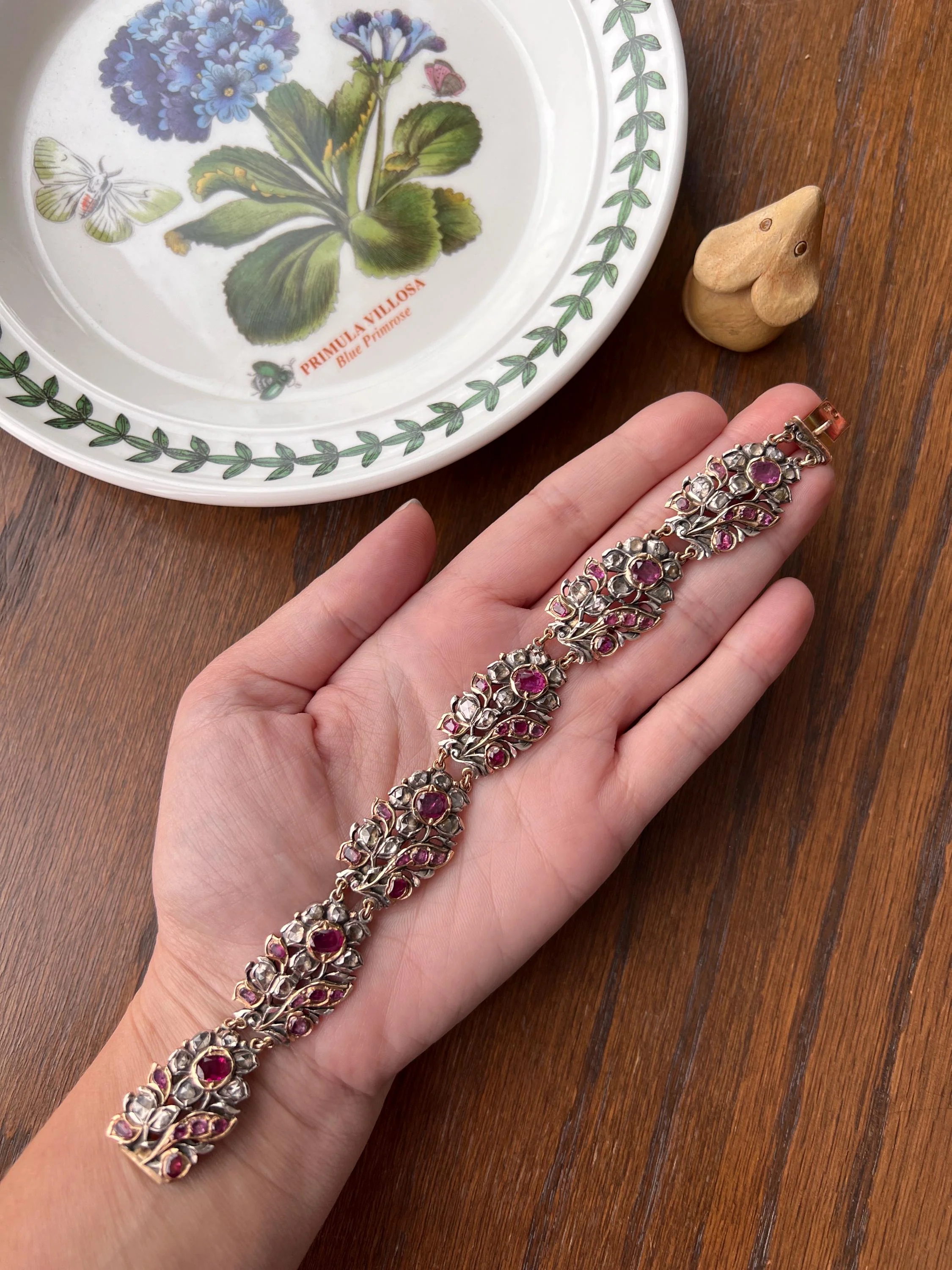 RARE Floral GIARDINETTI Antique Bracelet Flat Cut Ruby Pink Sapphire Rose Cut DIAMOND Figural Link Bracelet Georgian 14k Gold Silver - Image 9