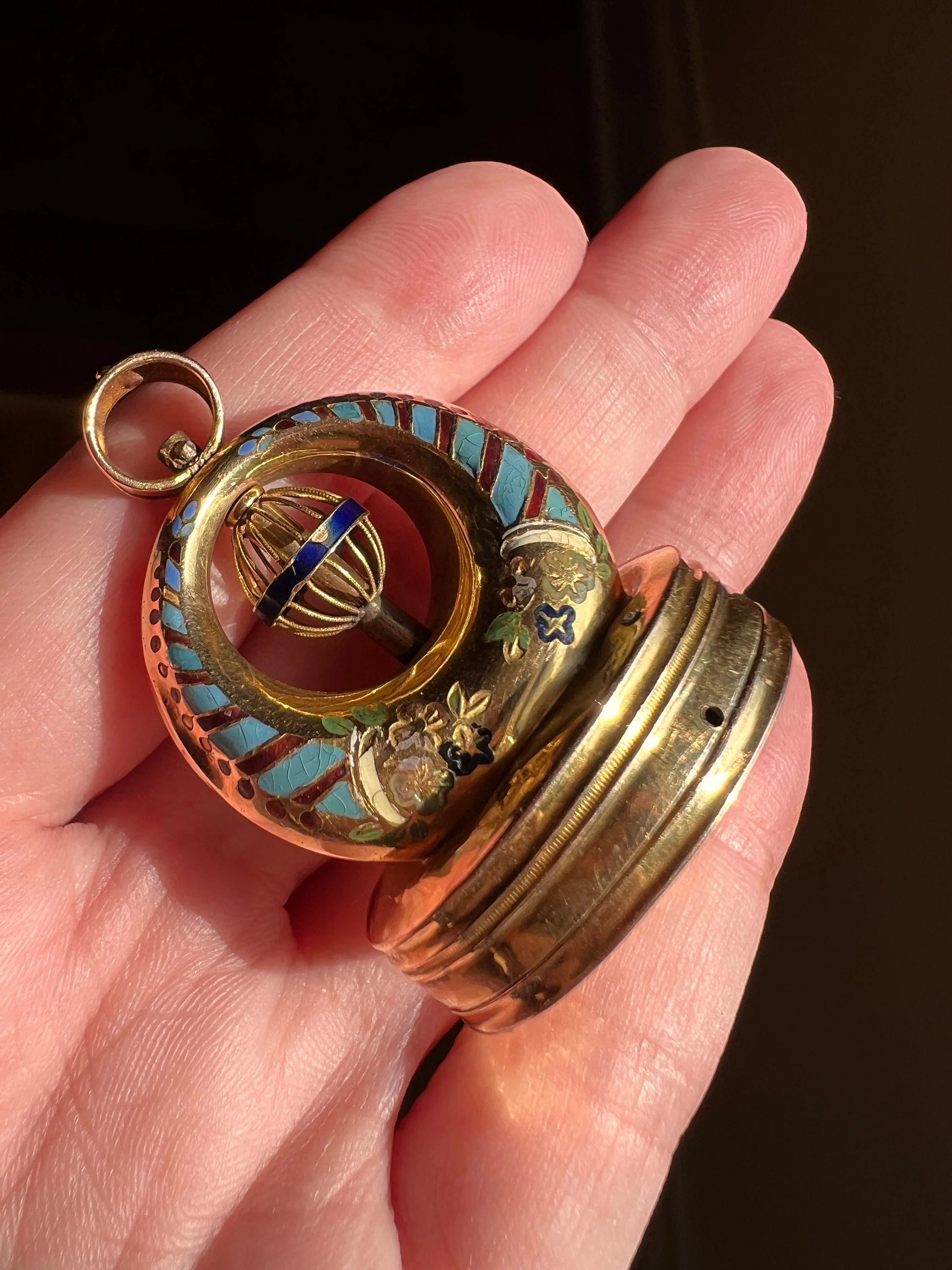 RARE Georgian MUSIC Box Antique MECHANICAL Seal Pendant 18k Gold Enamel - Image 2