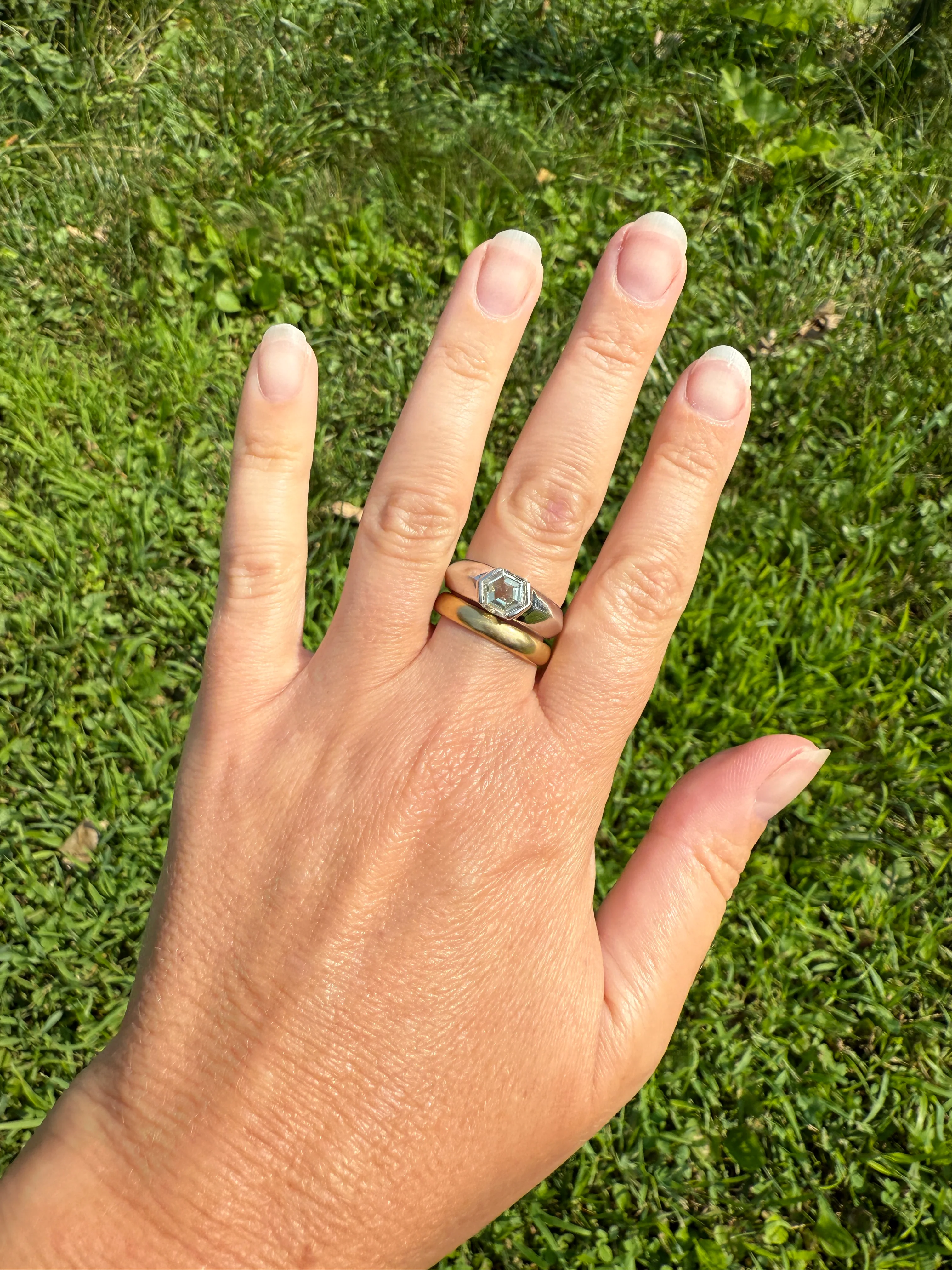 Rare HEXAGON Natural Diamond Pale Yellow French Vintage 18k White Gold Gypsy Ring 9.1g Chunky Sturdy Stacker Unisex Step Cut Beveled Band - Image 11