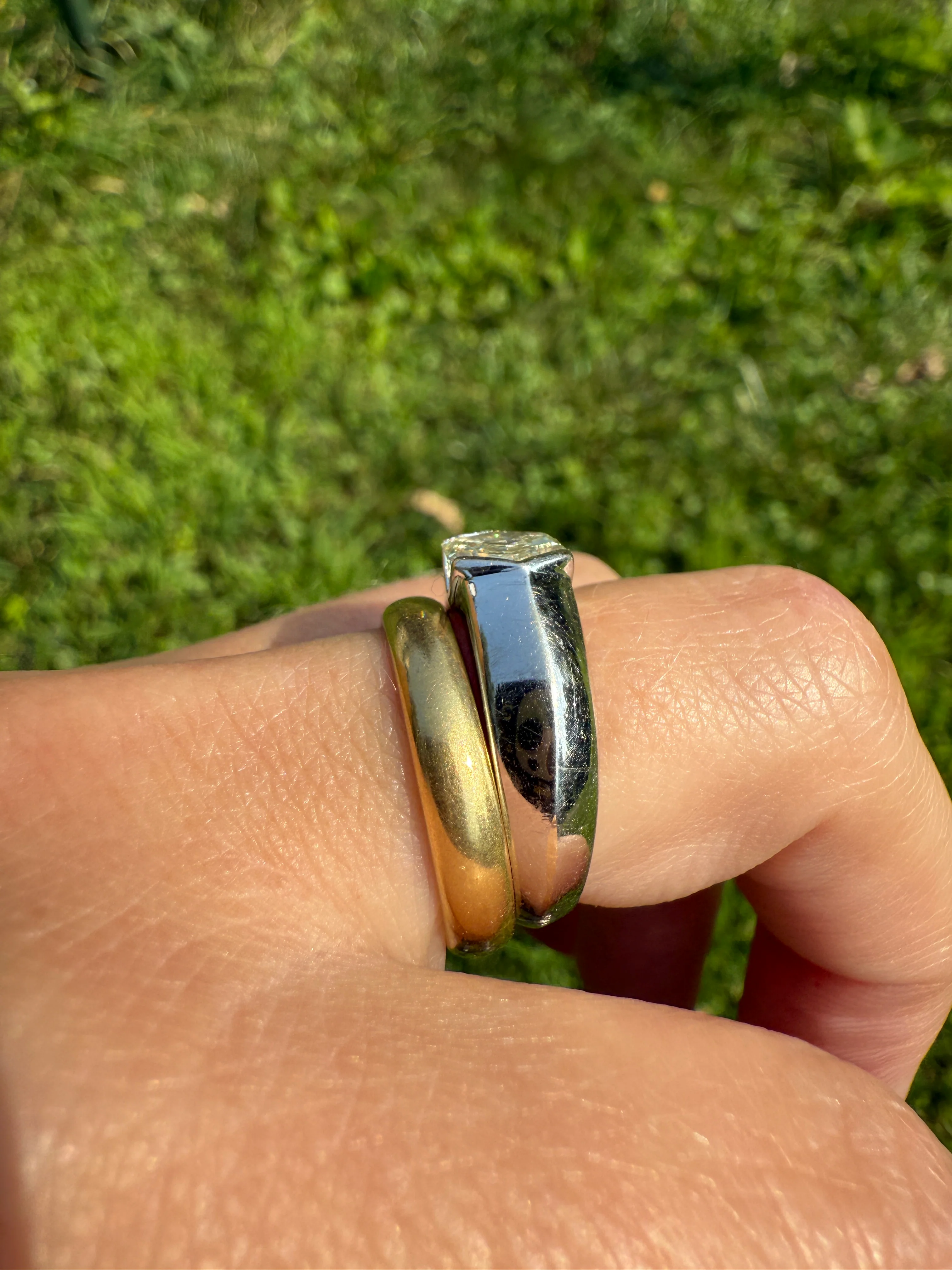 Rare HEXAGON Natural Diamond Pale Yellow French Vintage 18k White Gold Gypsy Ring 9.1g Chunky Sturdy Stacker Unisex Step Cut Beveled Band - Image 7