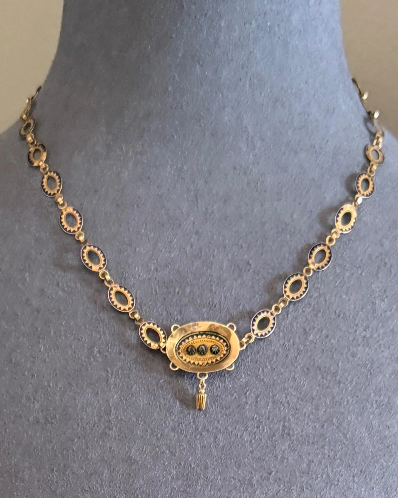 Rare Love Birds Swallow Clasp French Georgian Era 18k Gold Napoleon Bonaparte c1819 Necklace Chain Sunburst Choker Blue Enamel Old Cut Paste