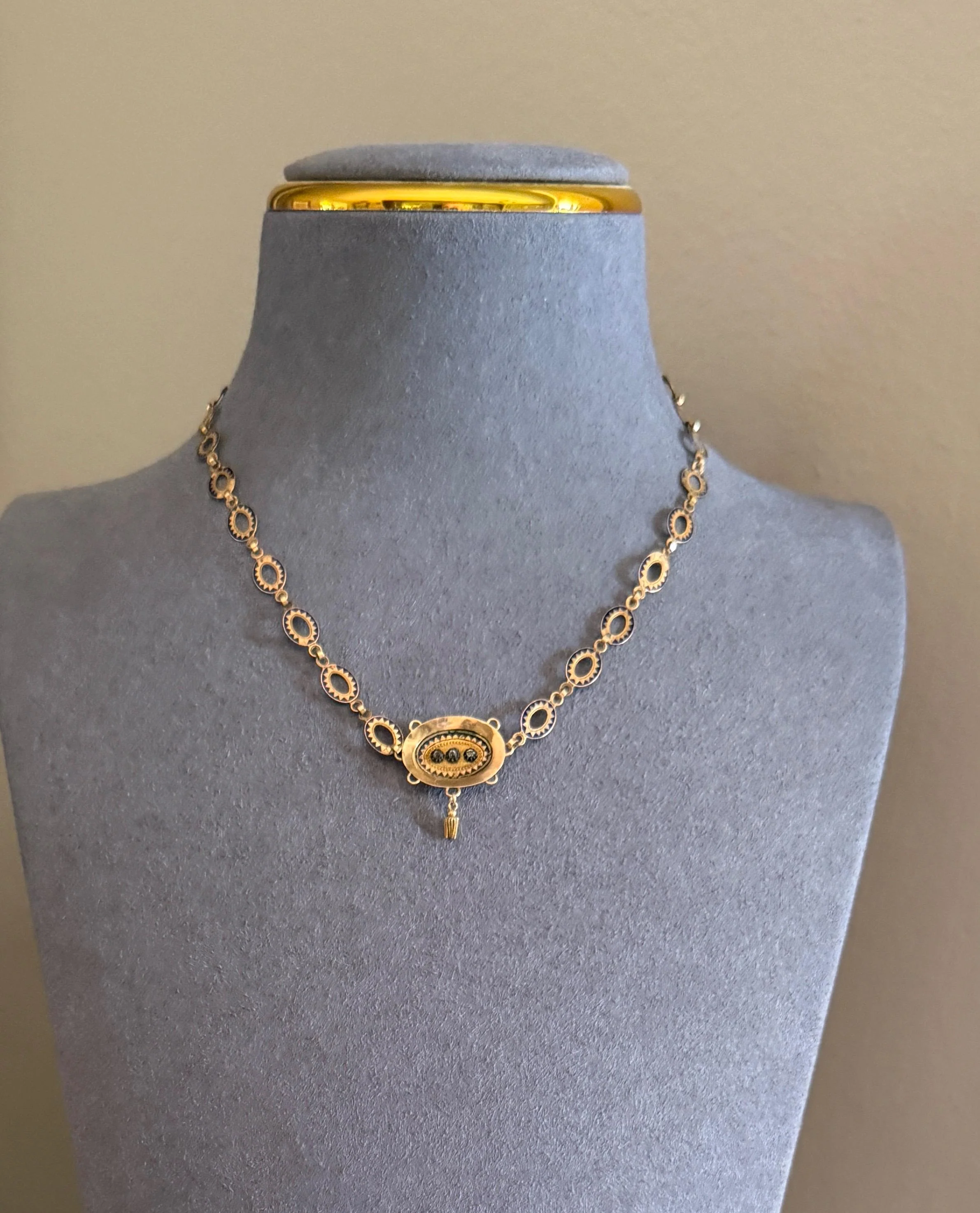 Rare Love Birds Swallow Clasp French Georgian Era 18k Gold Napoleon Bonaparte c1819 Necklace Chain Sunburst Choker Blue Enamel Old Cut Paste - Image 11