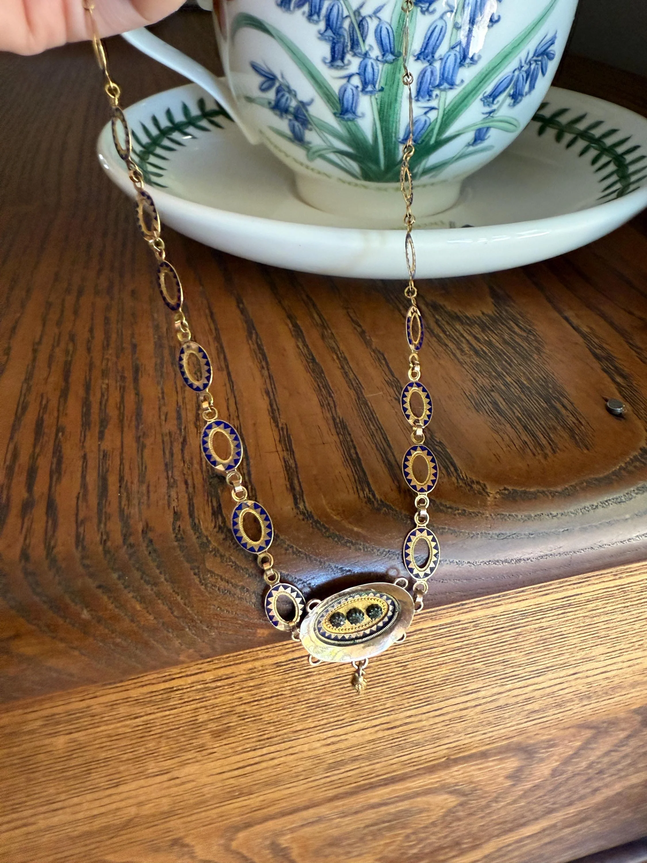 Rare Love Birds Swallow Clasp French Georgian Era 18k Gold Napoleon Bonaparte c1819 Necklace Chain Sunburst Choker Blue Enamel Old Cut Paste - Image 3