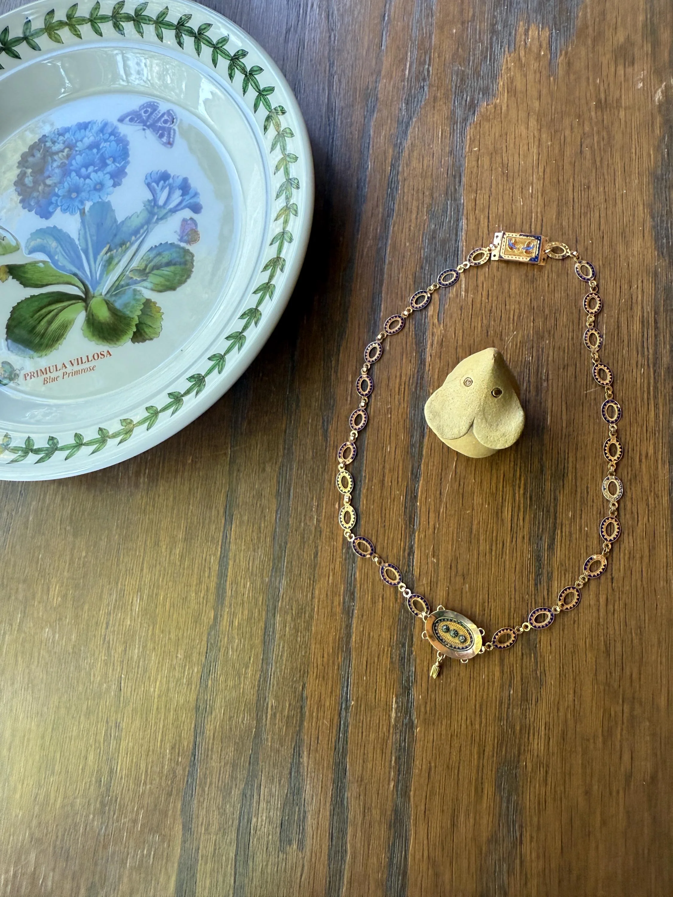Rare Love Birds Swallow Clasp French Georgian Era 18k Gold Napoleon Bonaparte c1819 Necklace Chain Sunburst Choker Blue Enamel Old Cut Paste - Image 6
