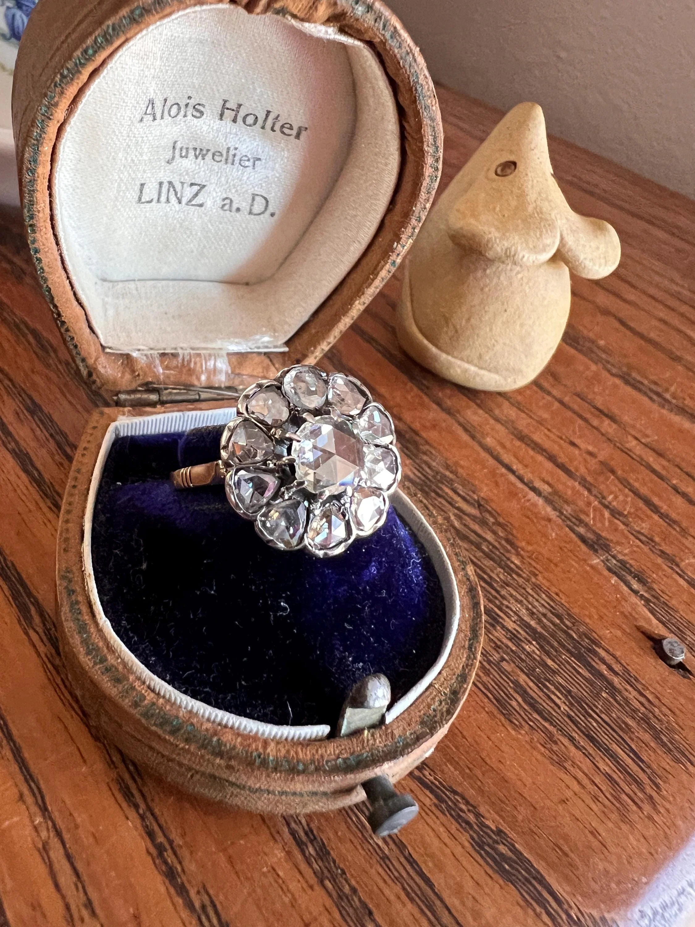 Rare Open Back Antique 1.7 CARAT Rose Cut DIAMOND Clear Disco Daisy Cluster Ring French 18k Gold - Image 11