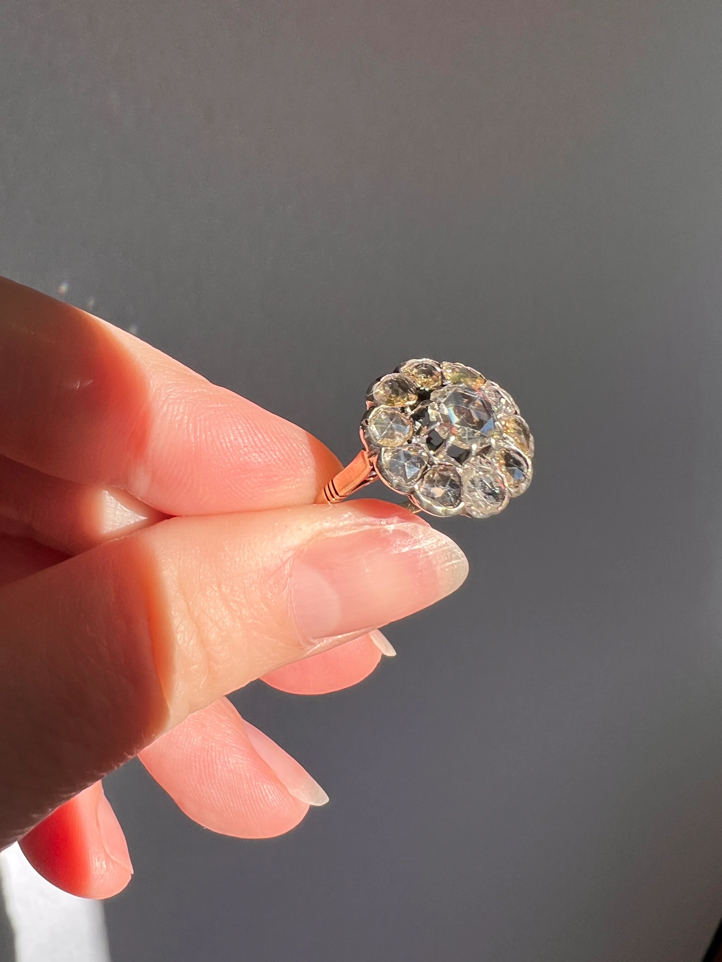Rare Open Back Antique 1.7 CARAT Rose Cut DIAMOND Clear Disco Daisy Cluster Ring French 18k Gold - Image 12