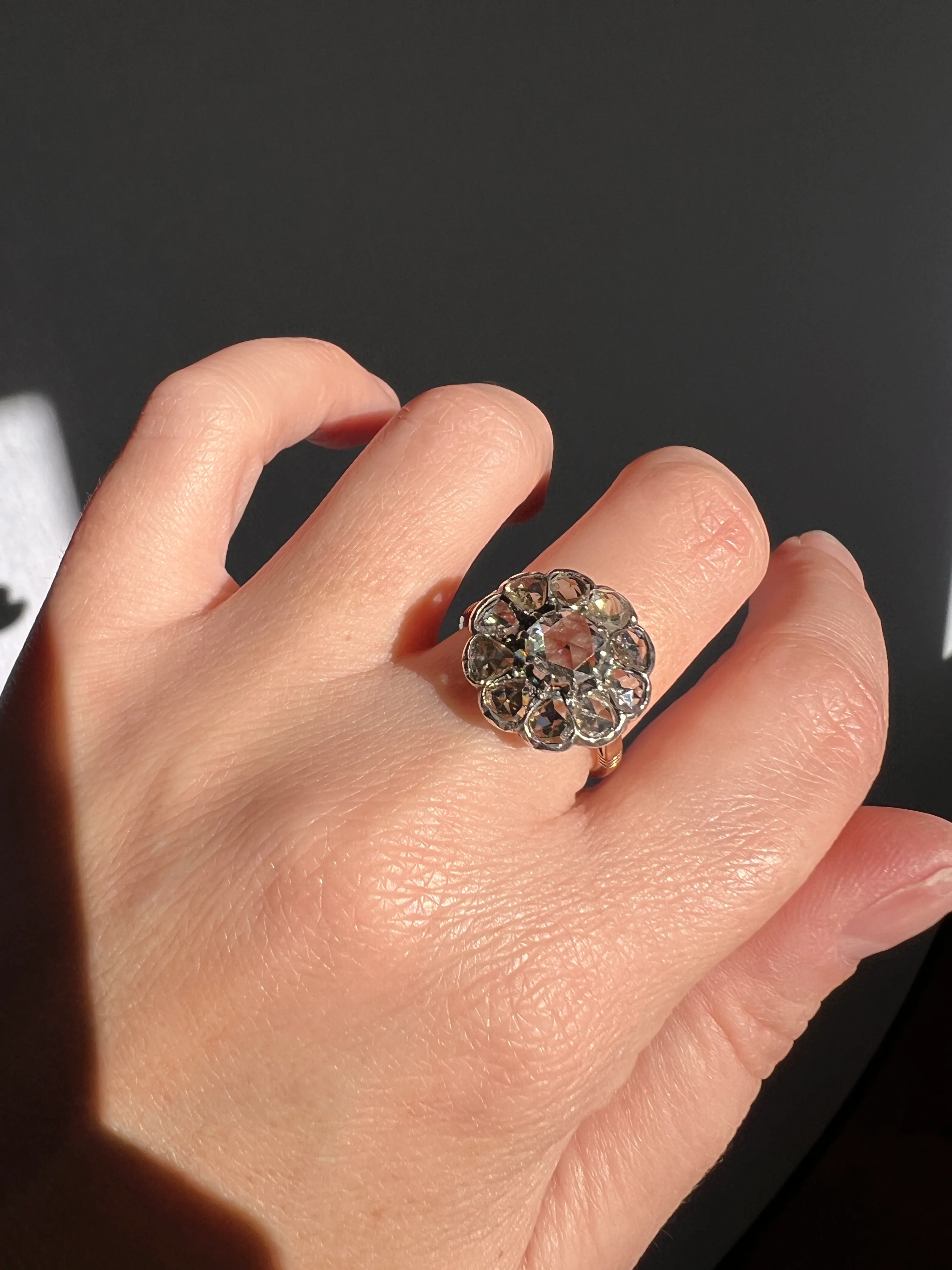 Rare Open Back Antique 1.7 CARAT Rose Cut DIAMOND Clear Disco Daisy Cluster Ring French 18k Gold - Image 13