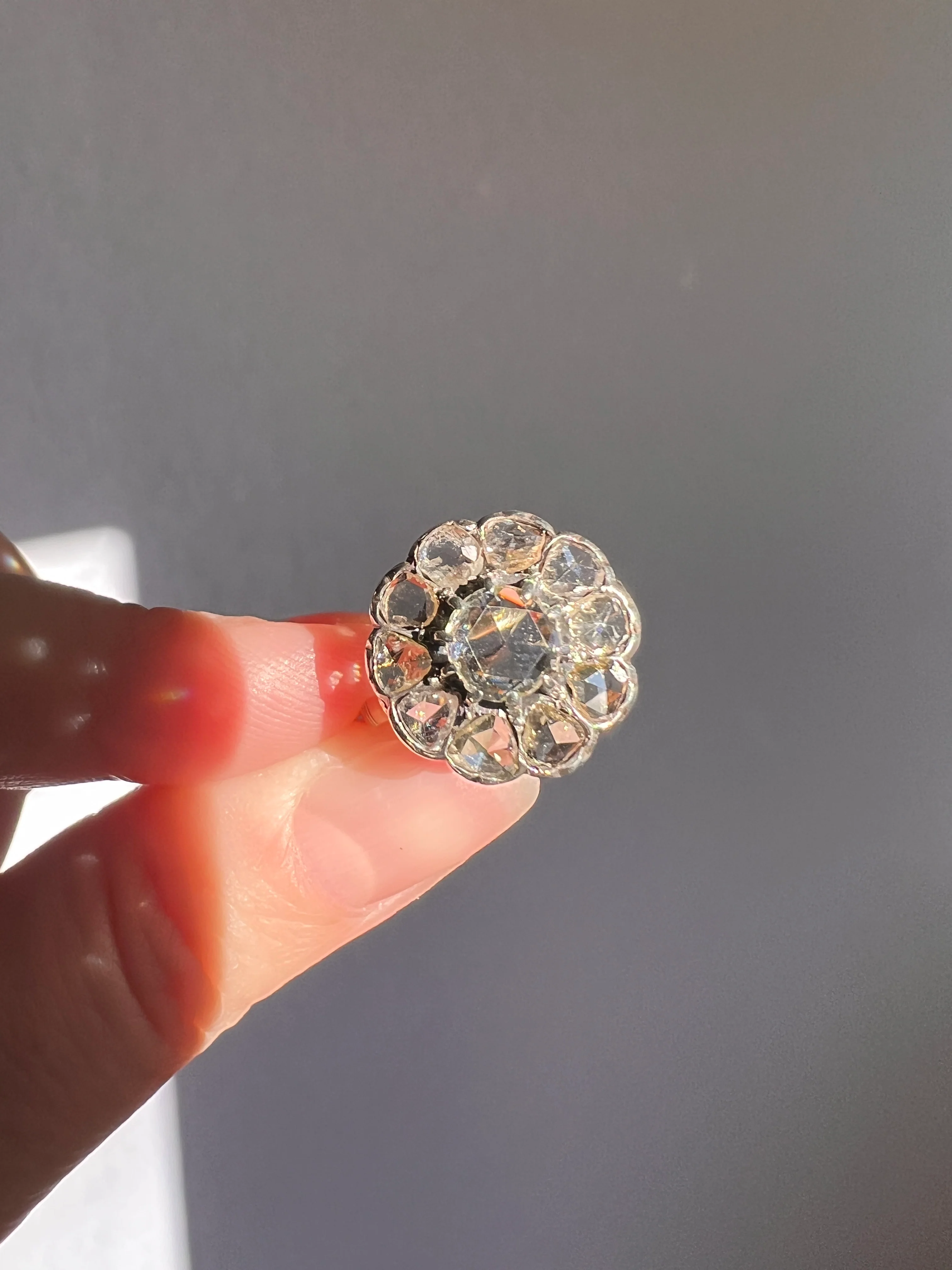 Rare Open Back Antique 1.7 CARAT Rose Cut DIAMOND Clear Disco Daisy Cluster Ring French 18k Gold - Image 14