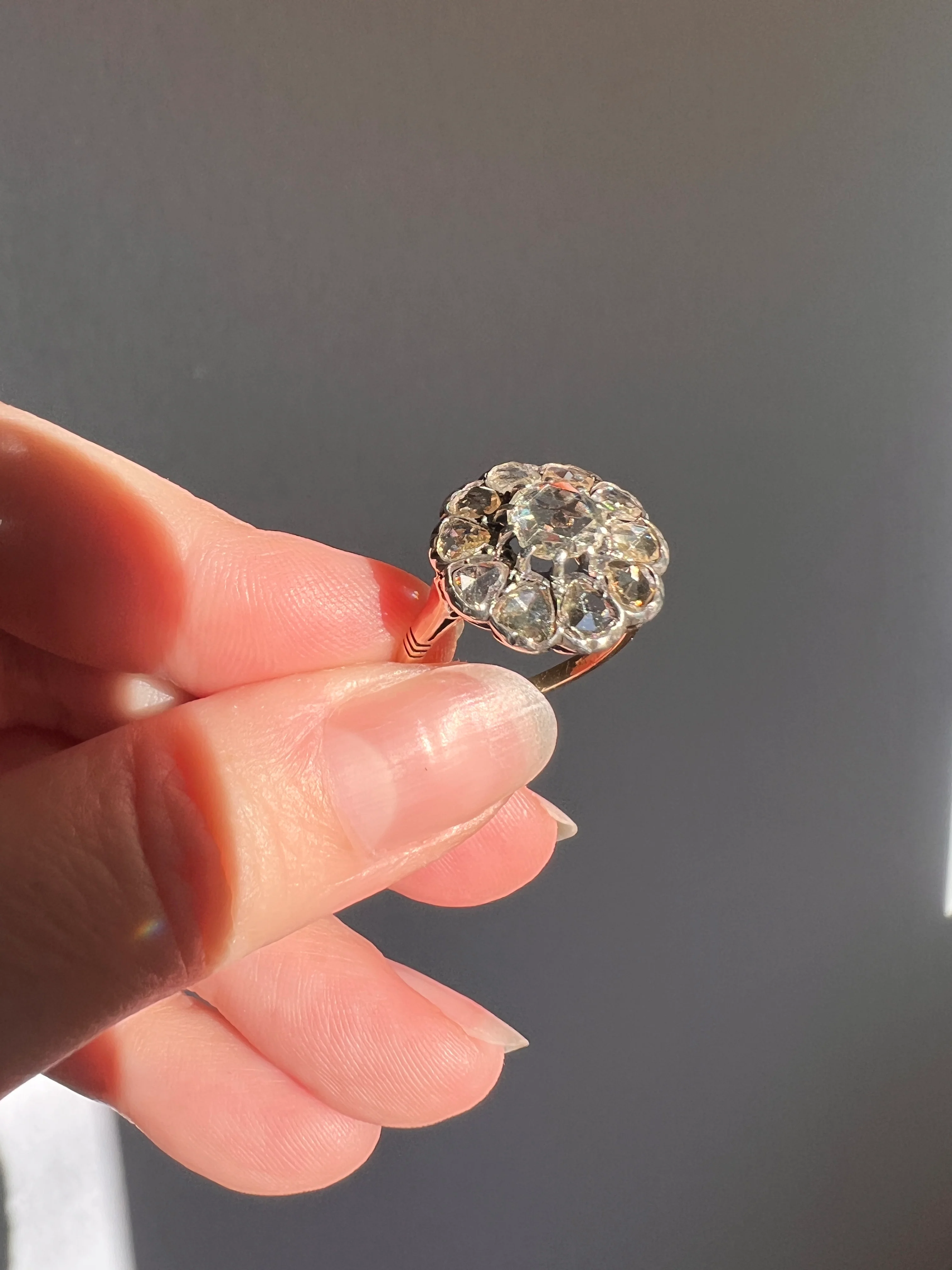 Rare Open Back Antique 1.7 CARAT Rose Cut DIAMOND Clear Disco Daisy Cluster Ring French 18k Gold - Image 15