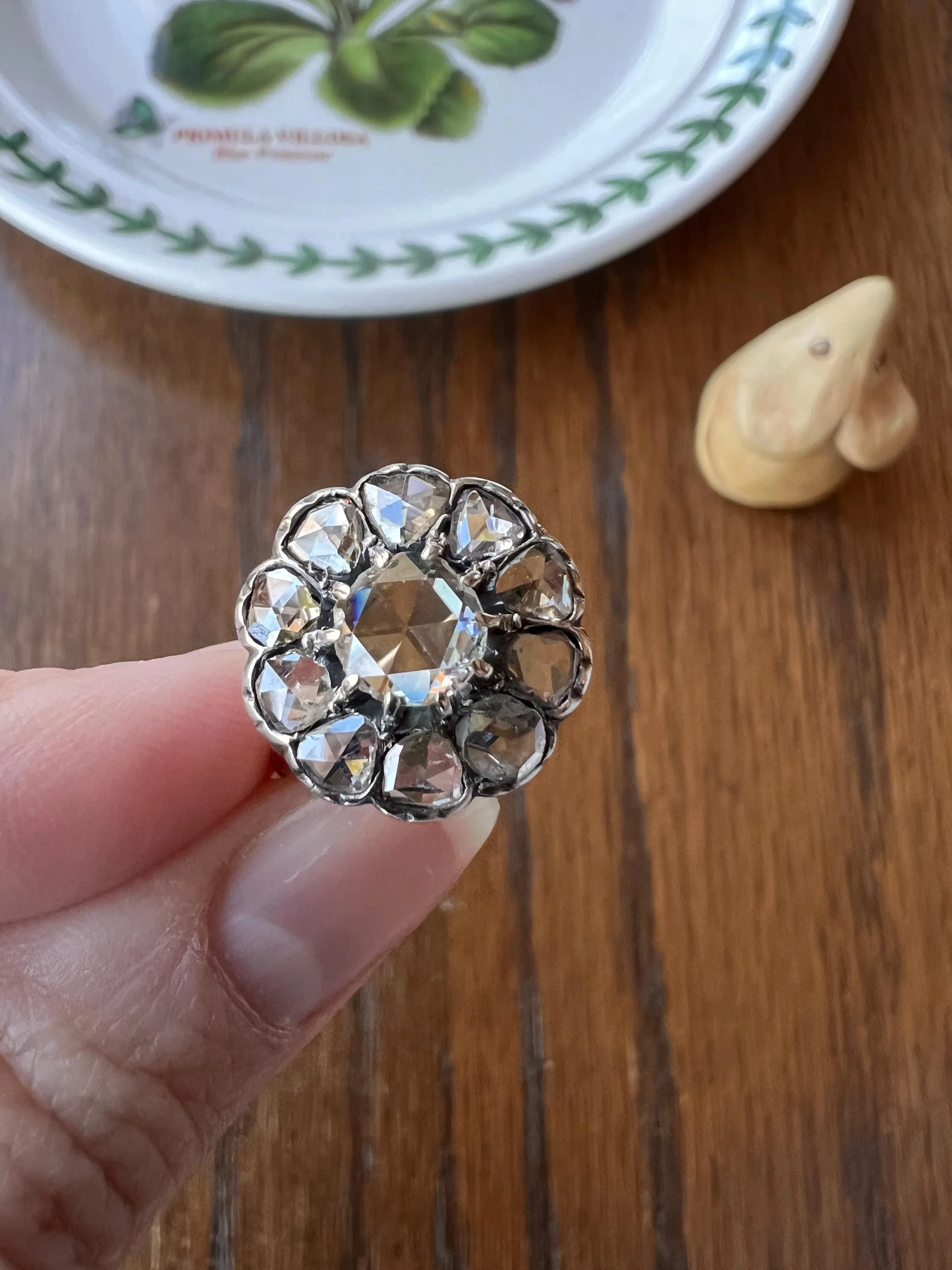 Rare Open Back Antique 1.7 CARAT Rose Cut DIAMOND Clear Disco Daisy Cluster Ring French 18k Gold - Image 3