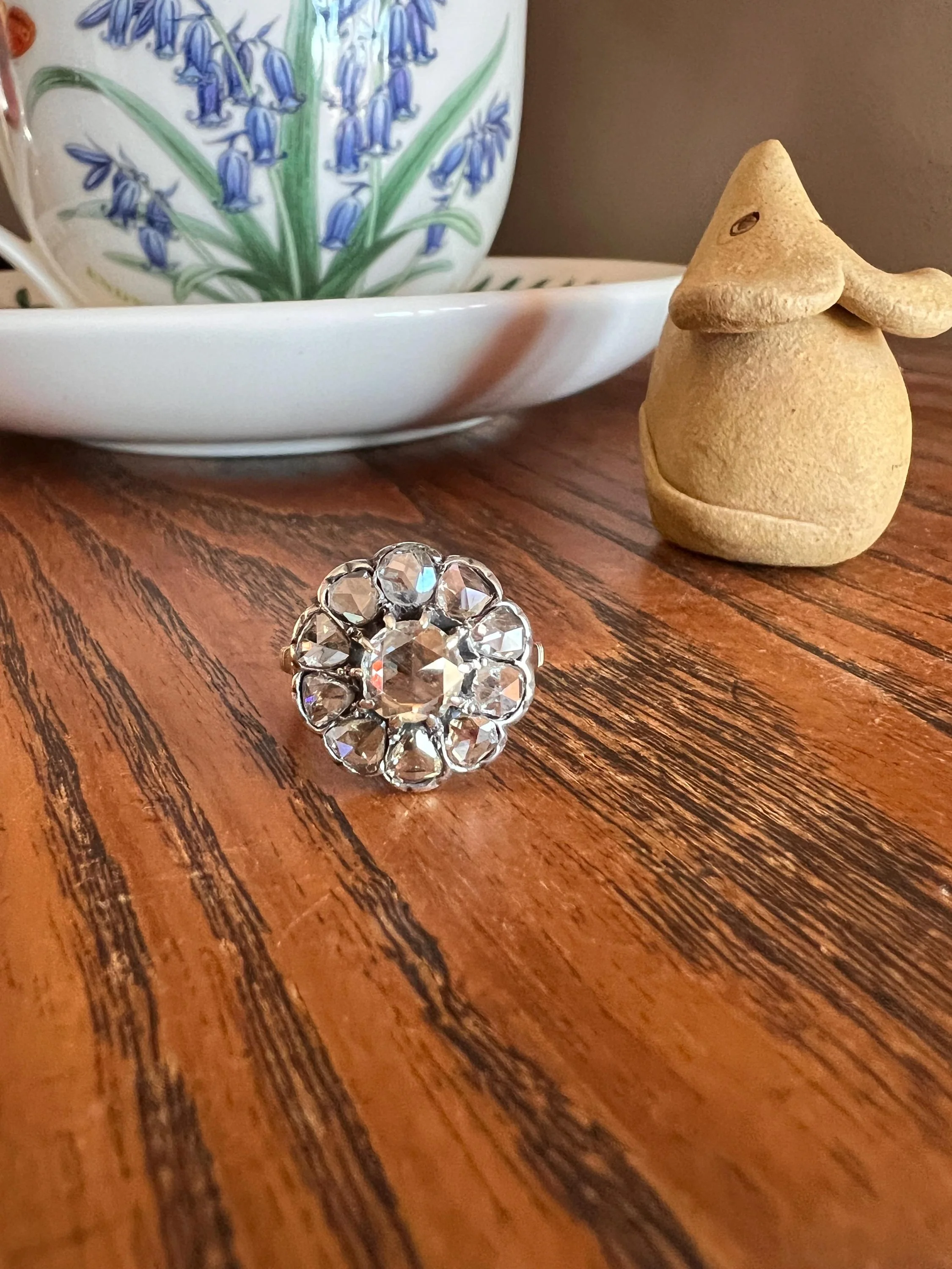 Rare Open Back Antique 1.7 CARAT Rose Cut DIAMOND Clear Disco Daisy Cluster Ring French 18k Gold - Image 8