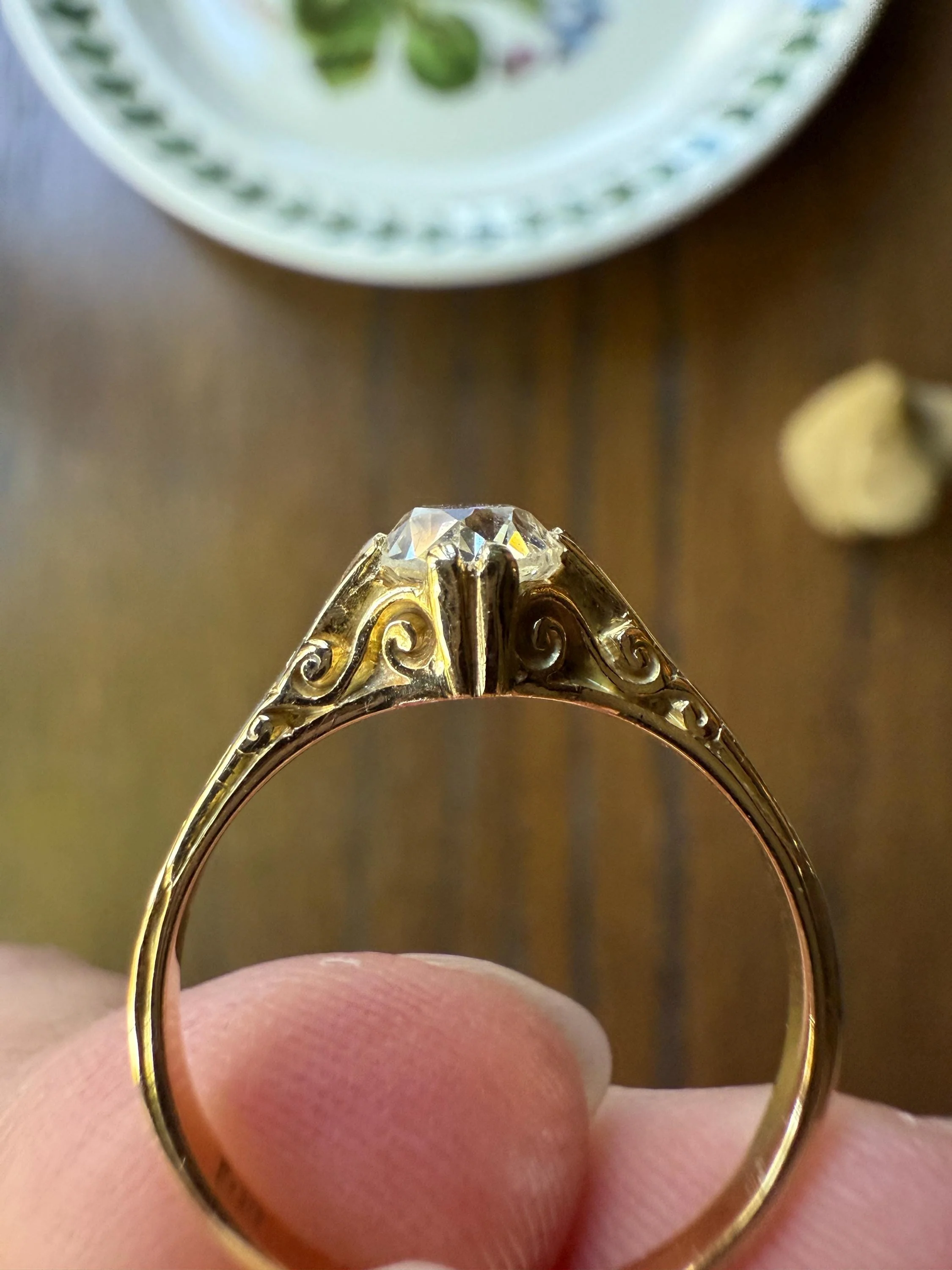Scrolled Eye Clean Antique .7 Carat Old Mine Cut DIAMOND Solitaire Ornate Victorian Engagement Ring 18k Gold Romantic Gift - Image 2