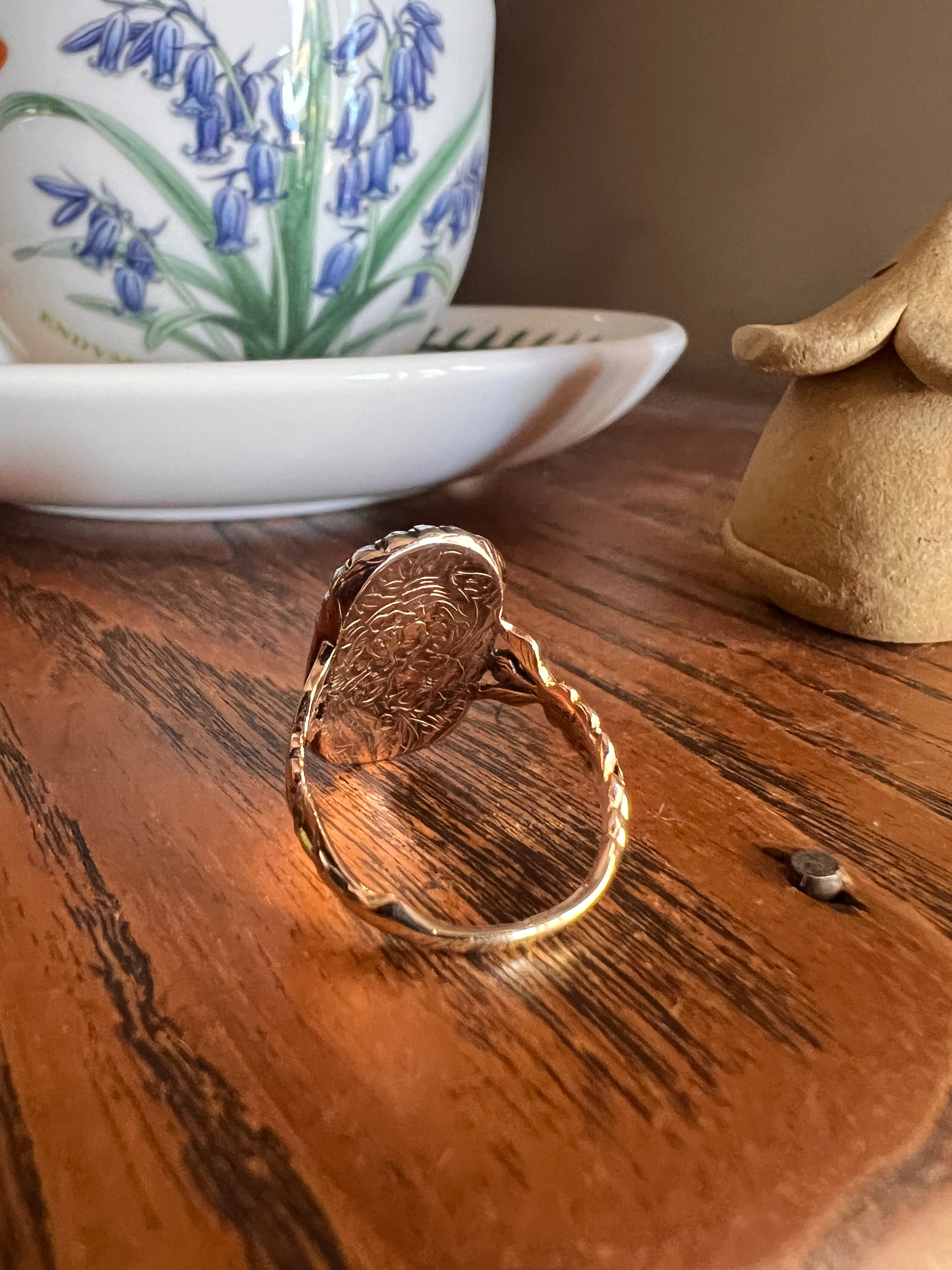 REVERSIBLE Design Flower (Flip) THISTLE Scottish Antique Blue Enamel Rose Cut Diamond Ring 14k Gold Engraved Ring Butt Georgian Era Floral - Image 12