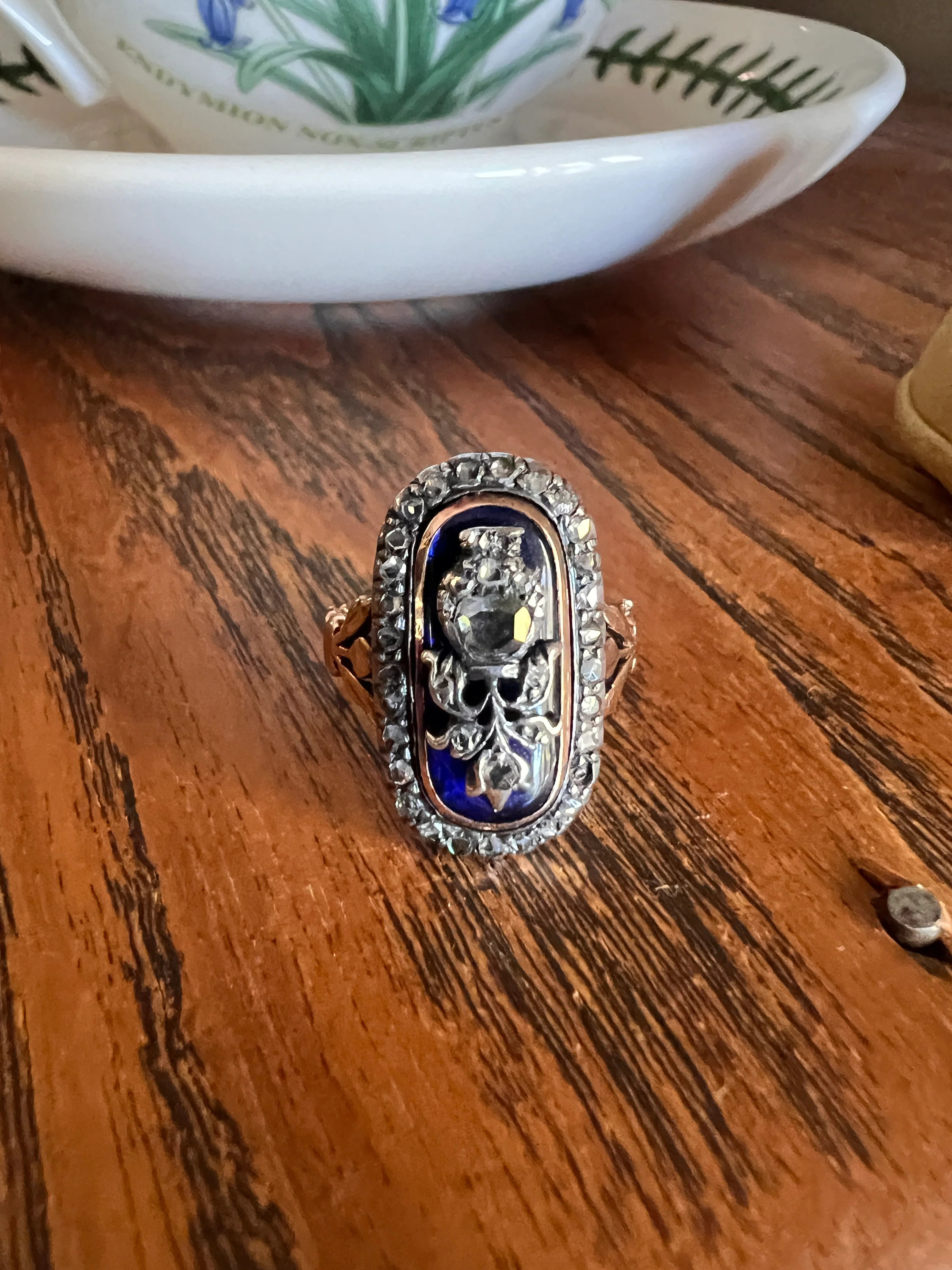 REVERSIBLE Design Flower (Flip) THISTLE Scottish Antique Blue Enamel Rose Cut Diamond Ring 14k Gold Engraved Ring Butt Georgian Era Floral - Image 14