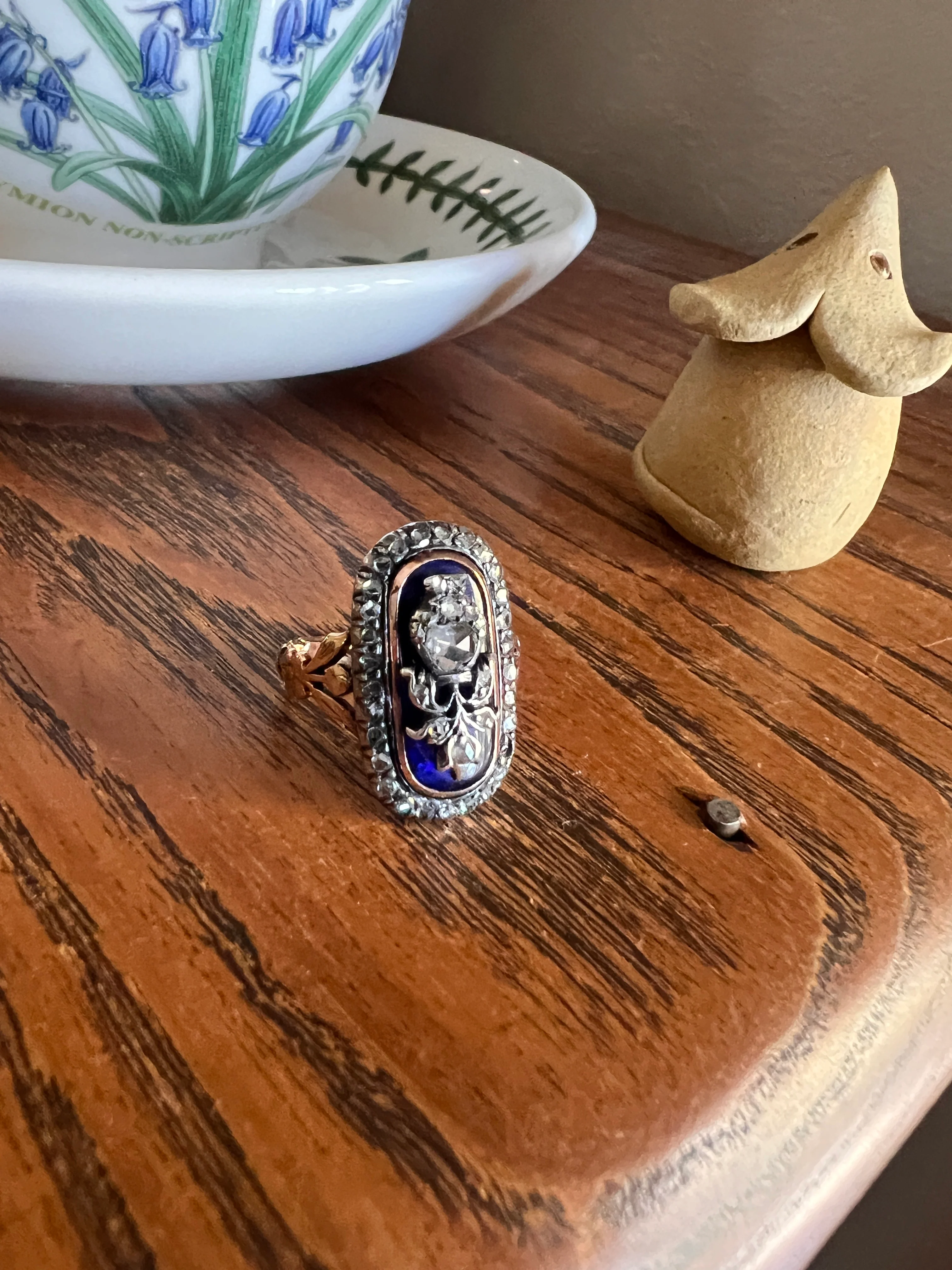 REVERSIBLE Design Flower (Flip) THISTLE Scottish Antique Blue Enamel Rose Cut Diamond Ring 14k Gold Engraved Ring Butt Georgian Era Floral - Image 15
