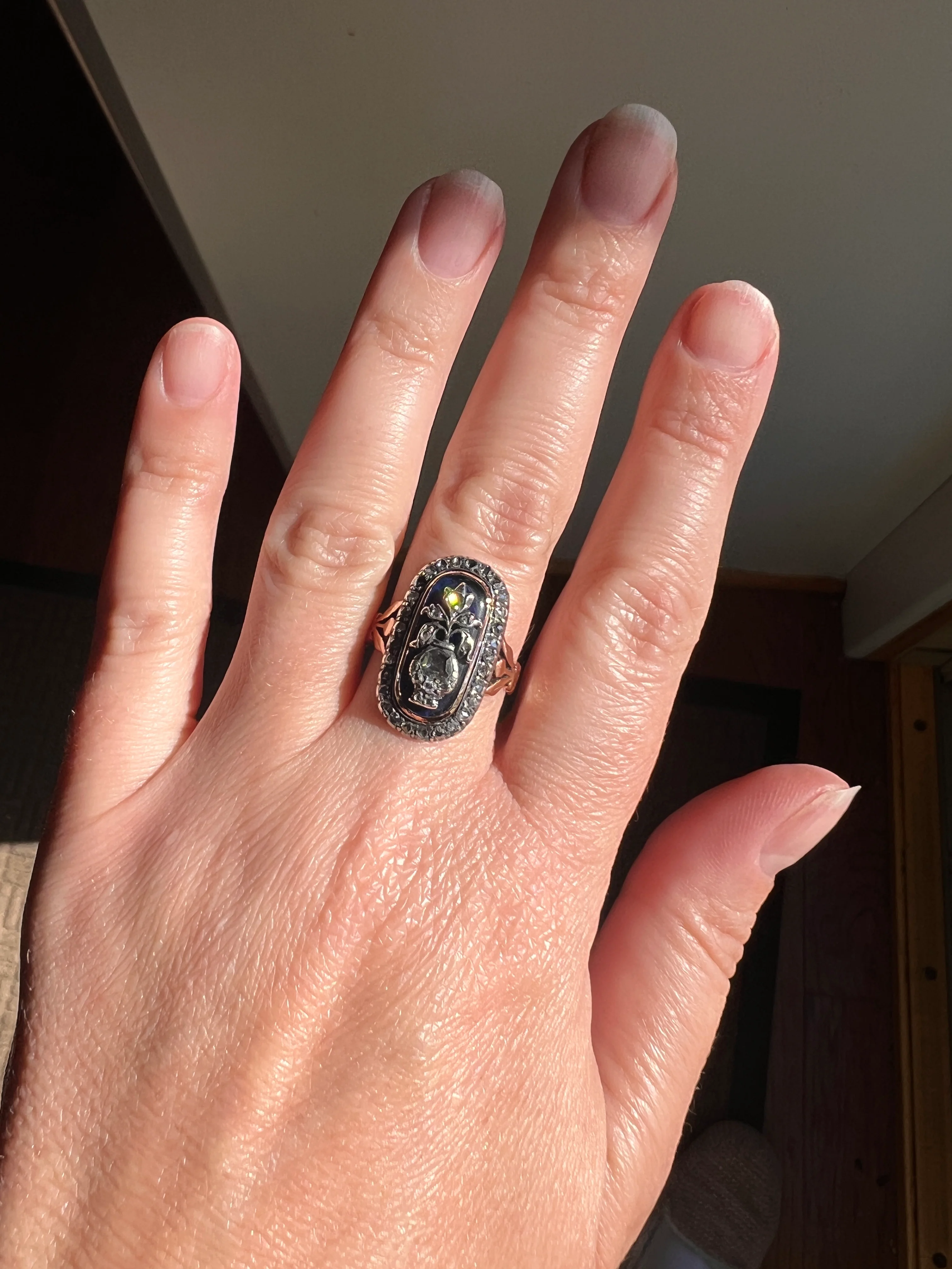 REVERSIBLE Design Flower (Flip) THISTLE Scottish Antique Blue Enamel Rose Cut Diamond Ring 14k Gold Engraved Ring Butt Georgian Era Floral - Image 16