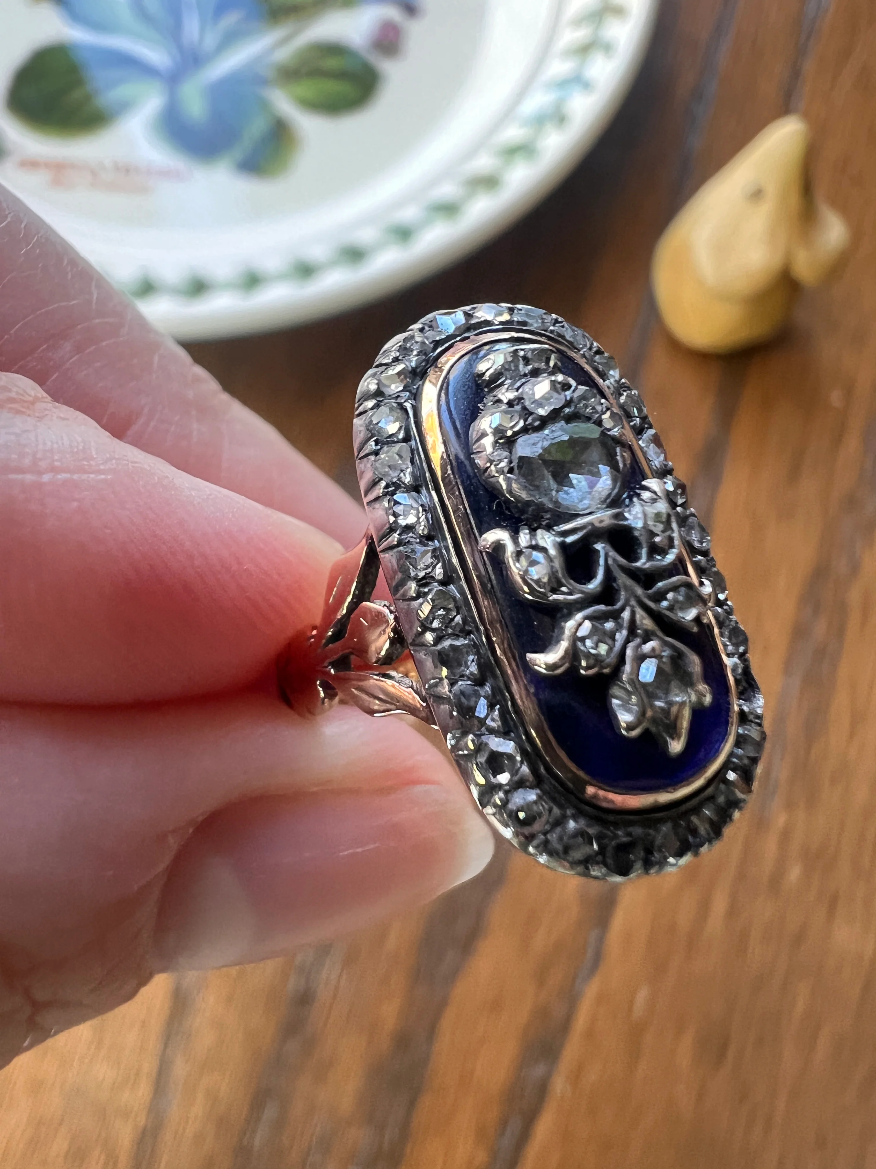 REVERSIBLE Design Flower (Flip) THISTLE Scottish Antique Blue Enamel Rose Cut Diamond Ring 14k Gold Engraved Ring Butt Georgian Era Floral - Image 17