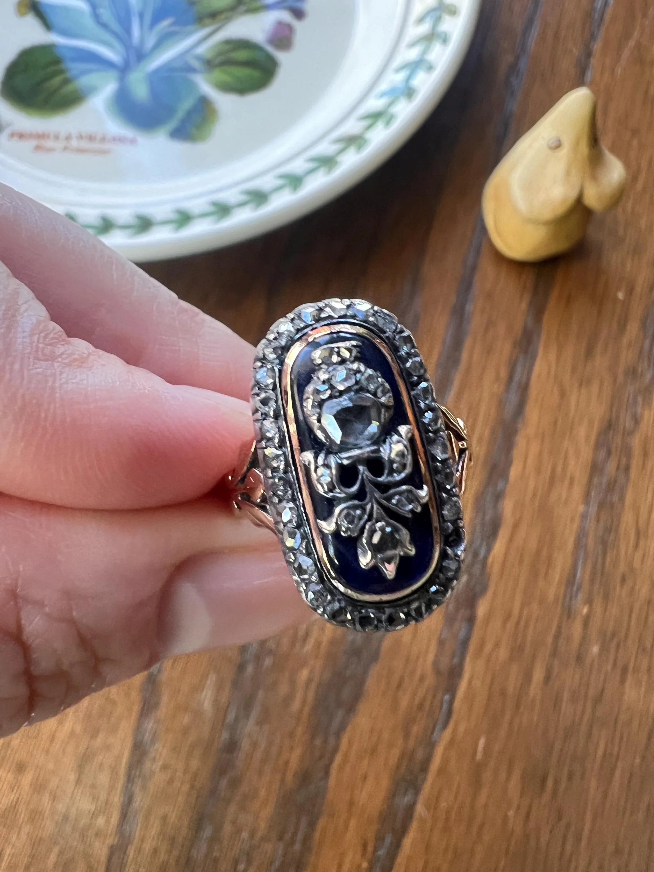 REVERSIBLE Design Flower (Flip) THISTLE Scottish Antique Blue Enamel Rose Cut Diamond Ring 14k Gold Engraved Ring Butt Georgian Era Floral - Image 2