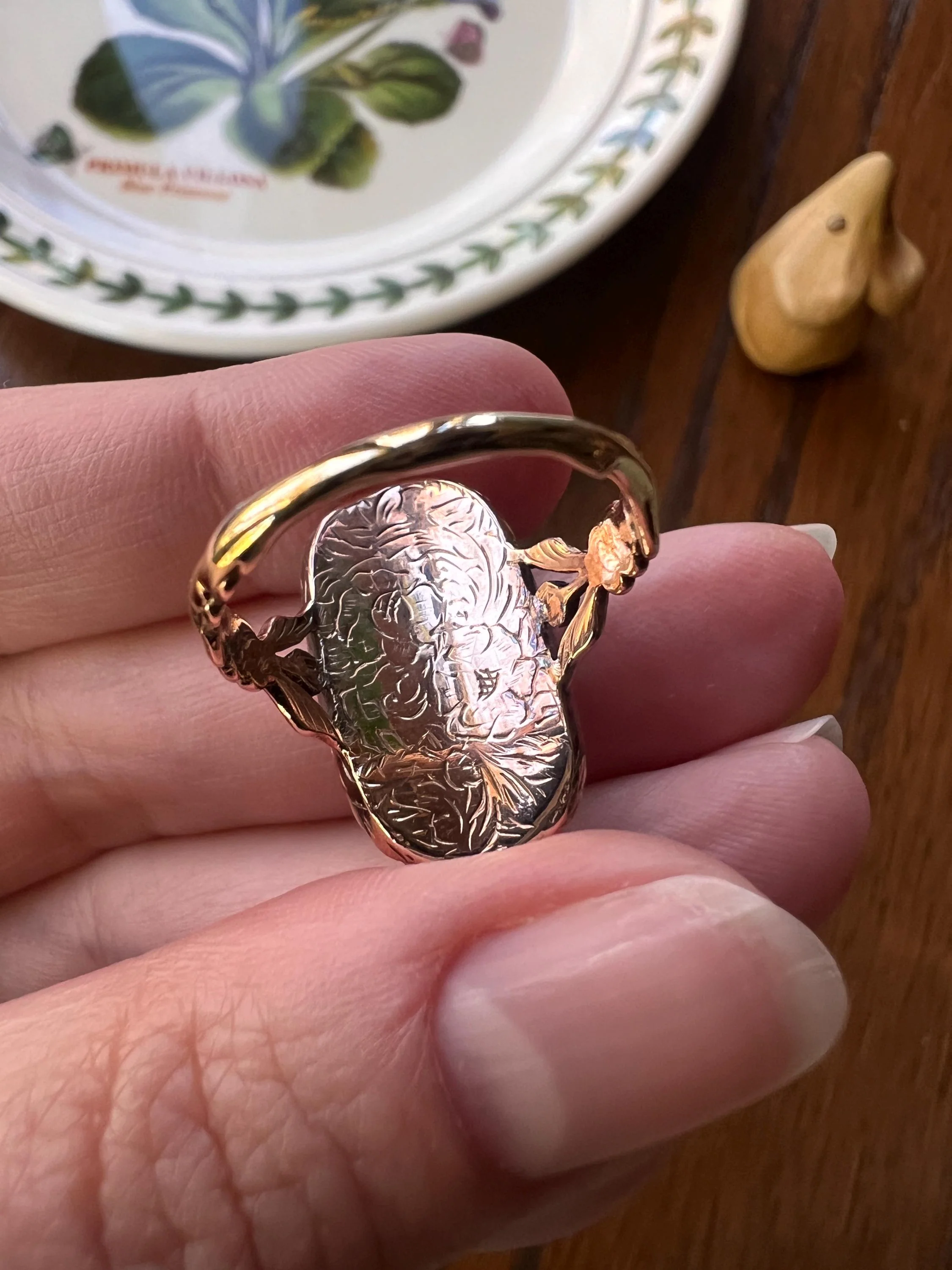 REVERSIBLE Design Flower (Flip) THISTLE Scottish Antique Blue Enamel Rose Cut Diamond Ring 14k Gold Engraved Ring Butt Georgian Era Floral - Image 3