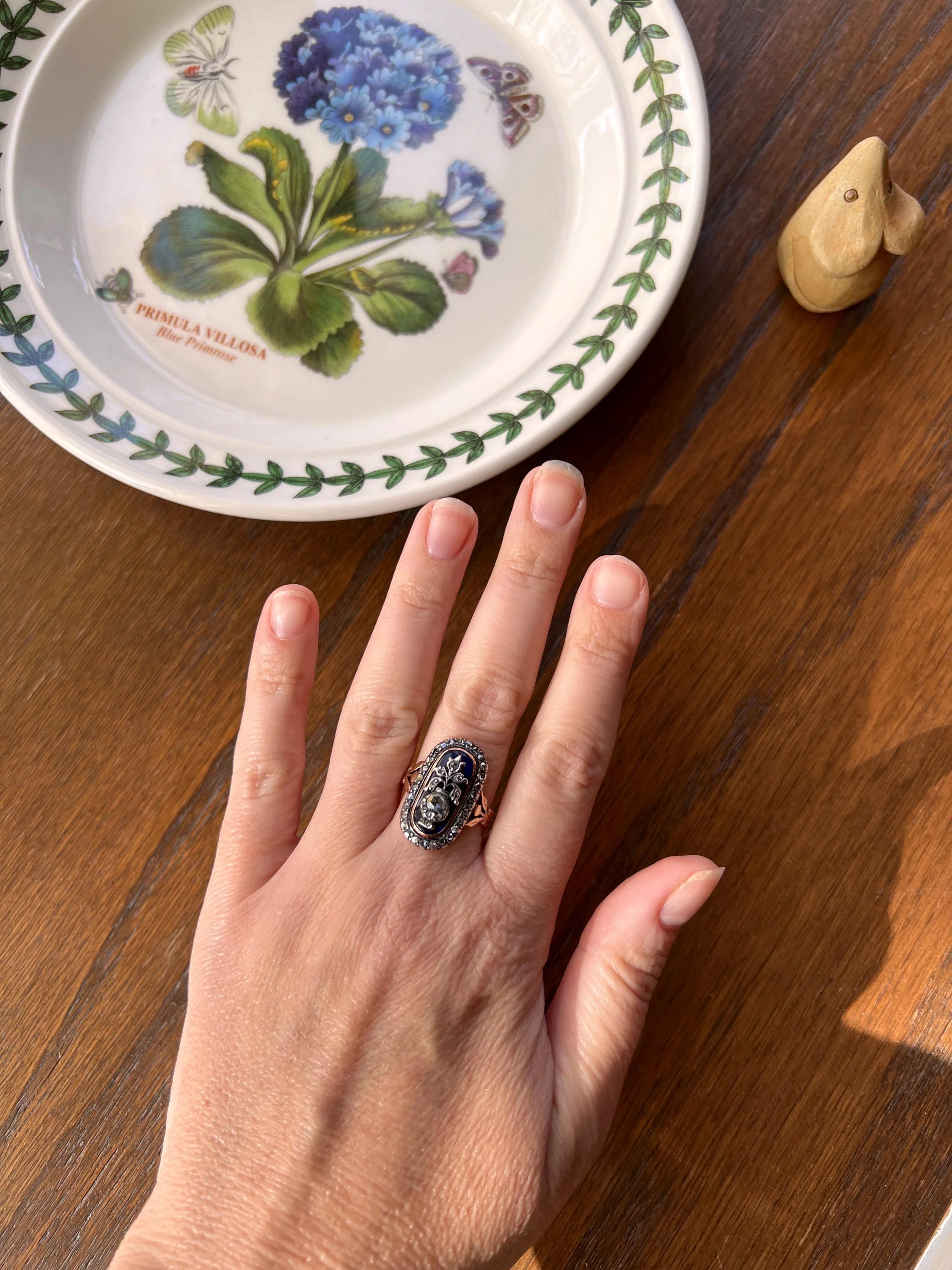 REVERSIBLE Design Flower (Flip) THISTLE Scottish Antique Blue Enamel Rose Cut Diamond Ring 14k Gold Engraved Ring Butt Georgian Era Floral - Image 4