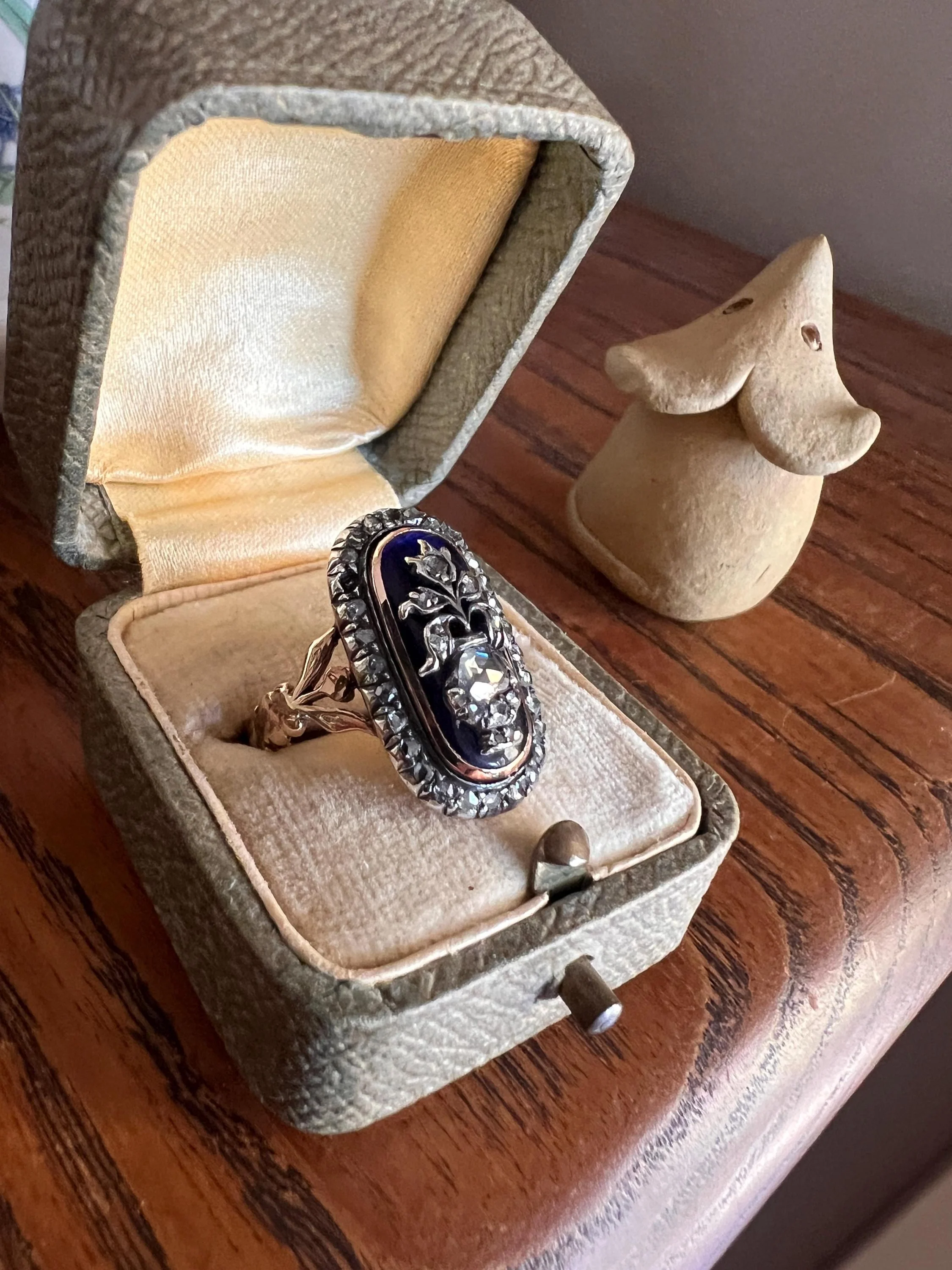 REVERSIBLE Design Flower (Flip) THISTLE Scottish Antique Blue Enamel Rose Cut Diamond Ring 14k Gold Engraved Ring Butt Georgian Era Floral - Image 5