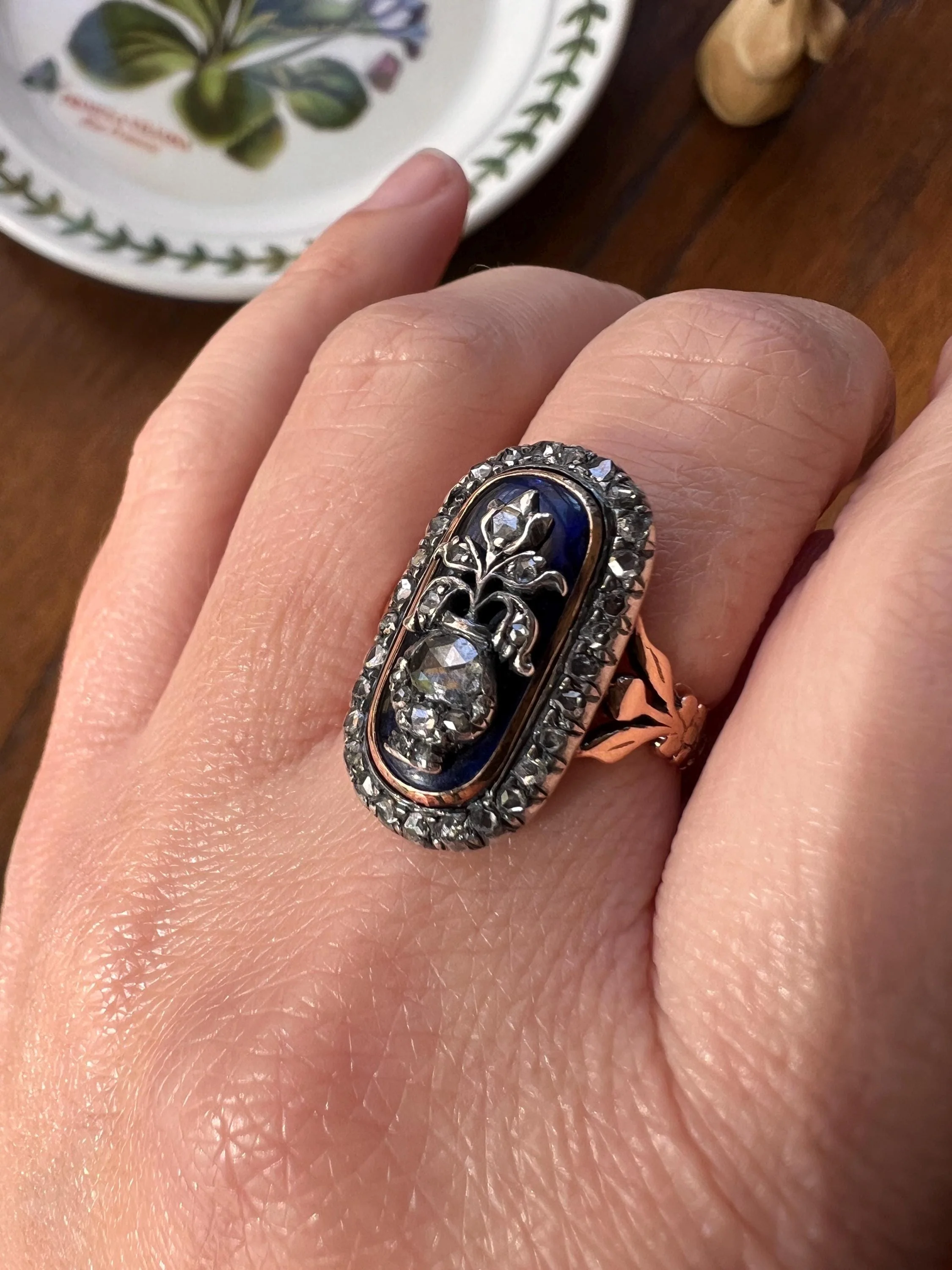 REVERSIBLE Design Flower (Flip) THISTLE Scottish Antique Blue Enamel Rose Cut Diamond Ring 14k Gold Engraved Ring Butt Georgian Era Floral - Image 6
