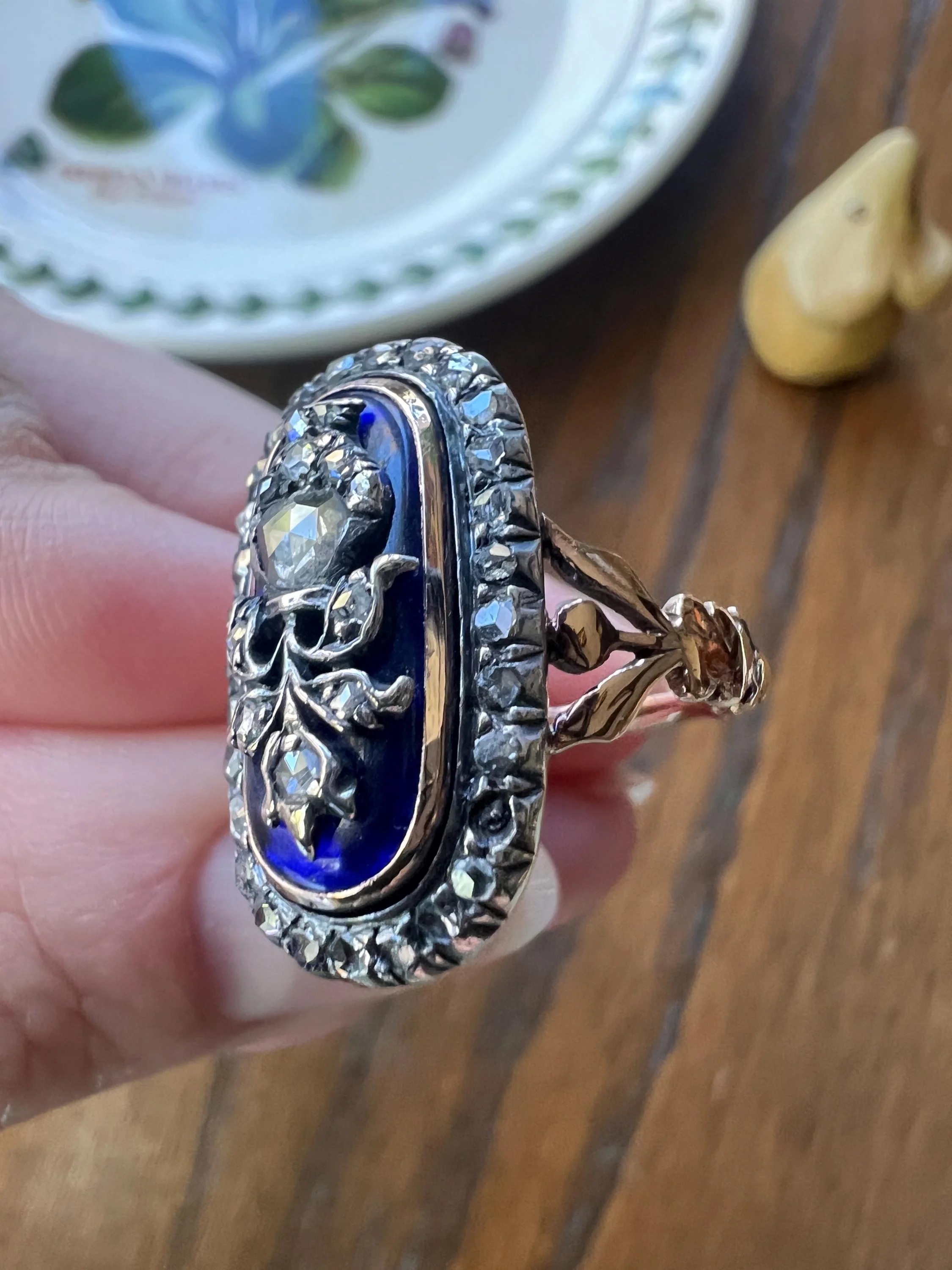 REVERSIBLE Design Flower (Flip) THISTLE Scottish Antique Blue Enamel Rose Cut Diamond Ring 14k Gold Engraved Ring Butt Georgian Era Floral - Image 7