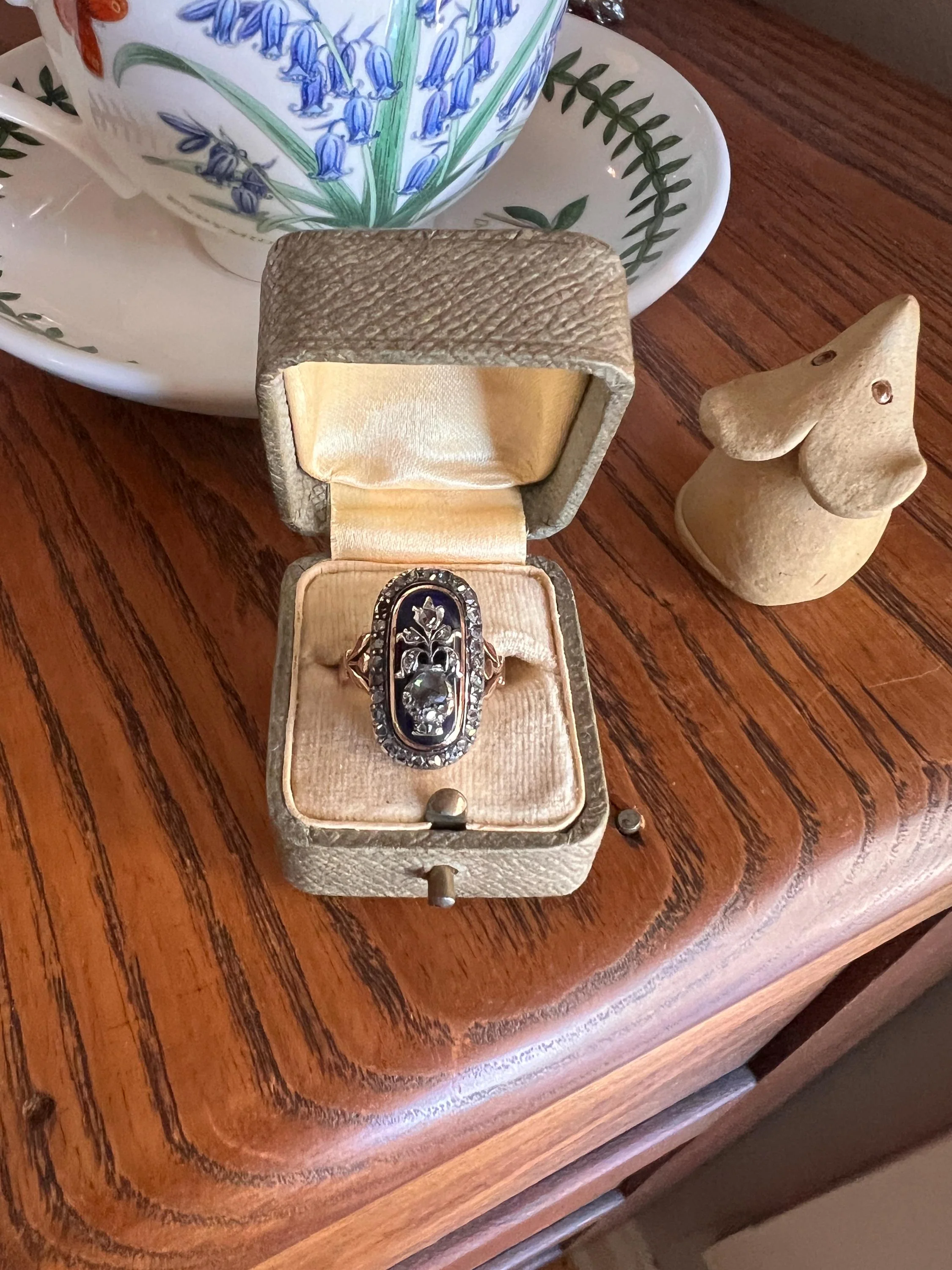 REVERSIBLE Design Flower (Flip) THISTLE Scottish Antique Blue Enamel Rose Cut Diamond Ring 14k Gold Engraved Ring Butt Georgian Era Floral - Image 8