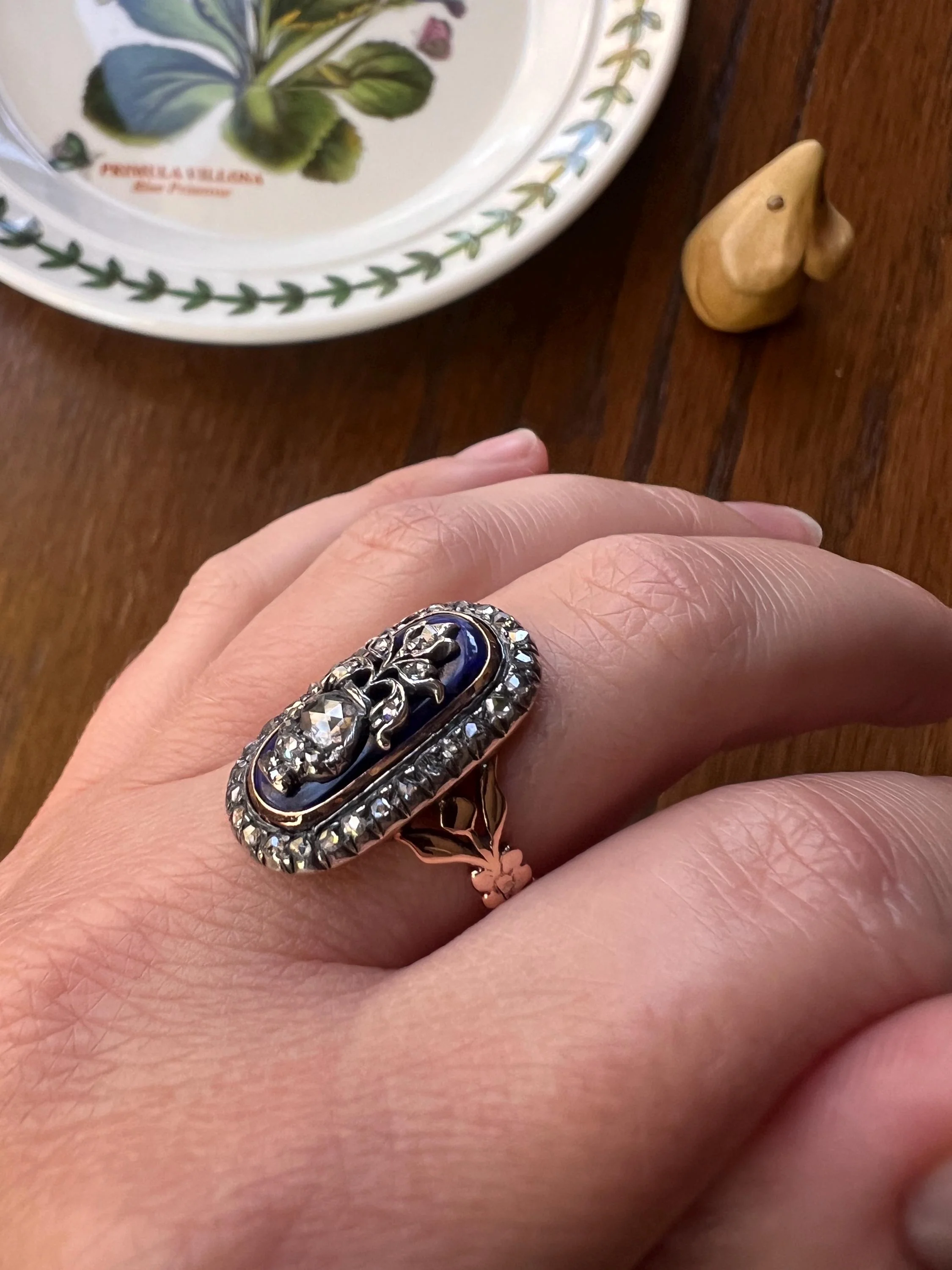 REVERSIBLE Design Flower (Flip) THISTLE Scottish Antique Blue Enamel Rose Cut Diamond Ring 14k Gold Engraved Ring Butt Georgian Era Floral - Image 9