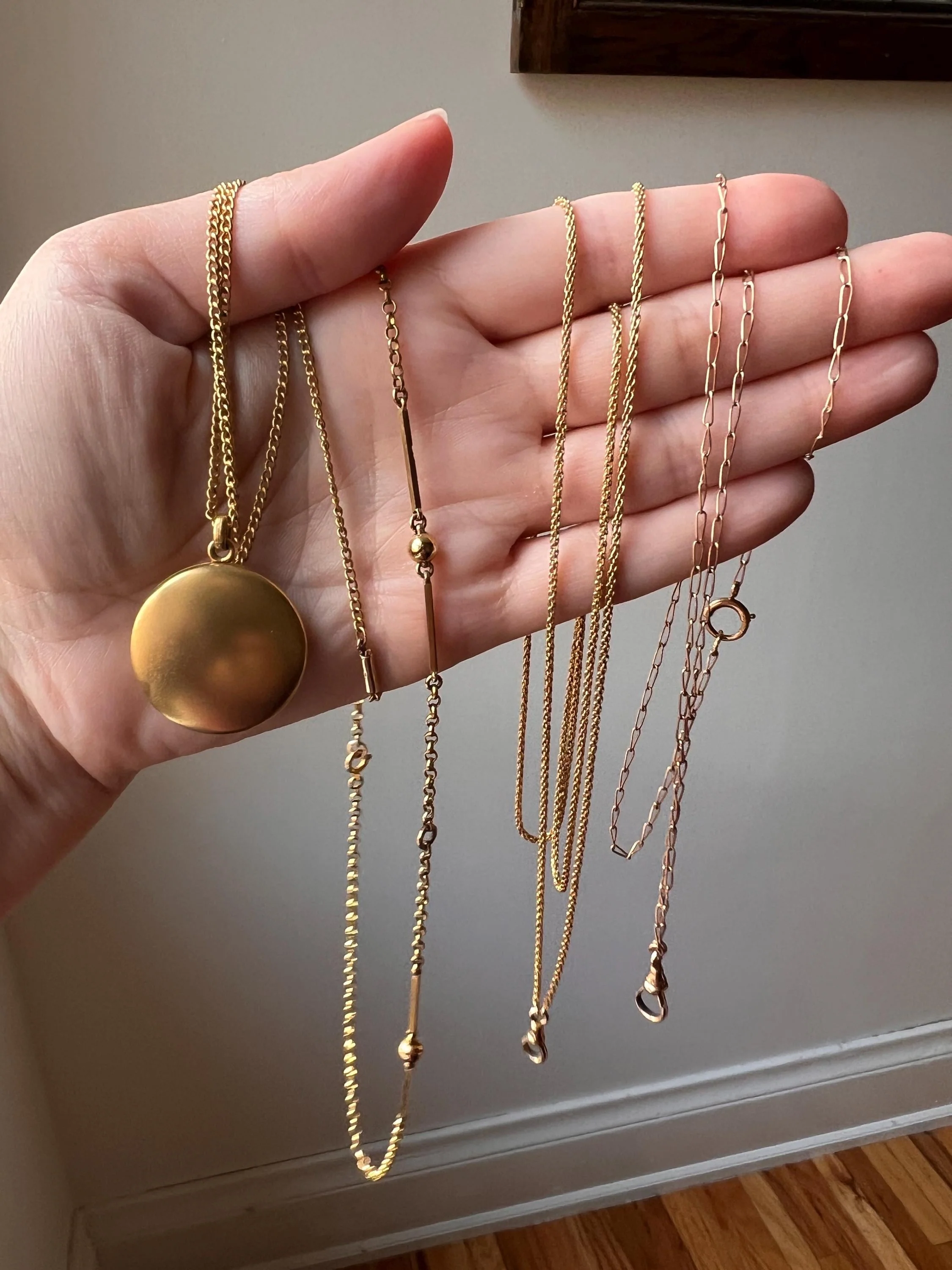 Rich ANTIQUE 14k Gold Locket / Pendant Holder Braided Double Strand Box Chain Long Guard Muff Necklace Dog Clip Solid - Image 10