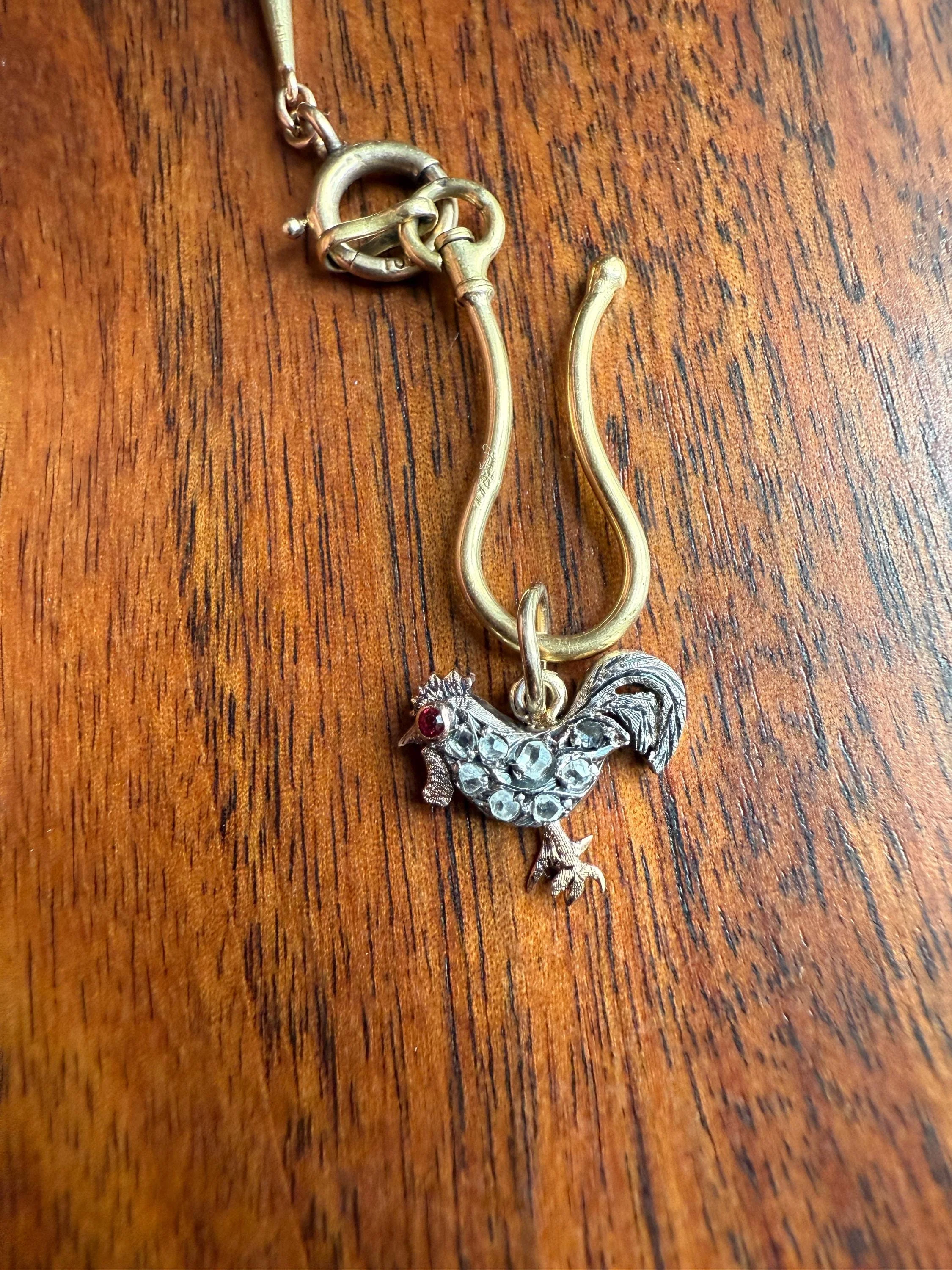 ROOSTER Rose Cut DIAMOND Ruby Eye Antique Victorian 14k Gold Silver Figural Pendant Necklace Bracelet Charm Animal Bird Jewelry Courage - Image 3