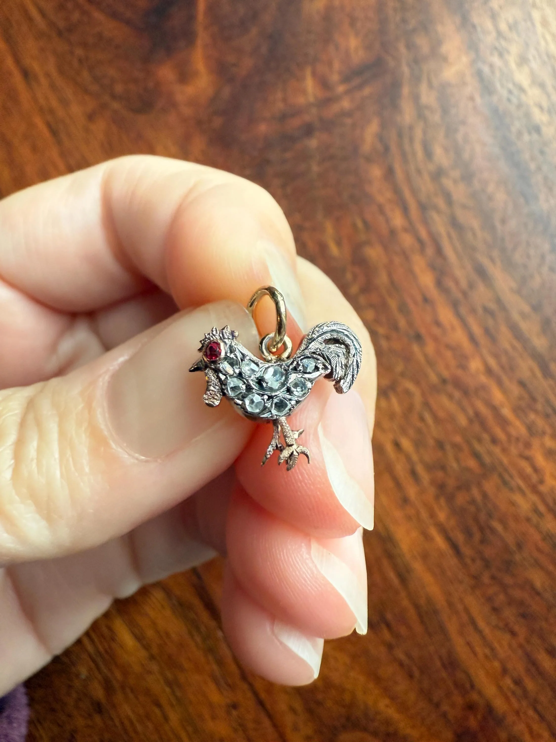 ROOSTER Rose Cut DIAMOND Ruby Eye Antique Victorian 14k Gold Silver Figural Pendant Necklace Bracelet Charm Animal Bird Jewelry Courage - Image 7