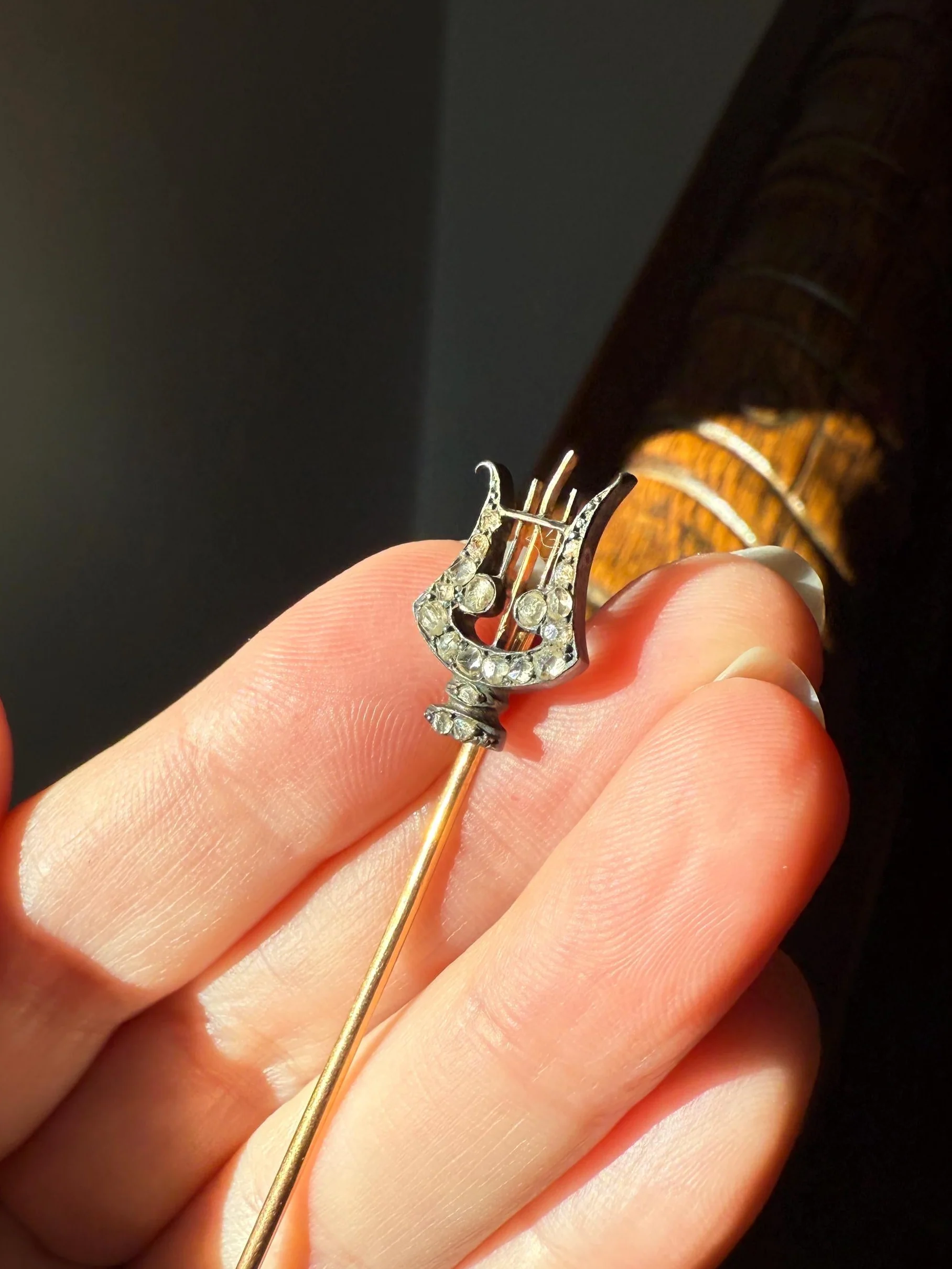Rose Cut Diamond Encrusted Antique Stick Pin - Harp Lyre Trident Pendant Charm Conversion? 18k Gold & Silver