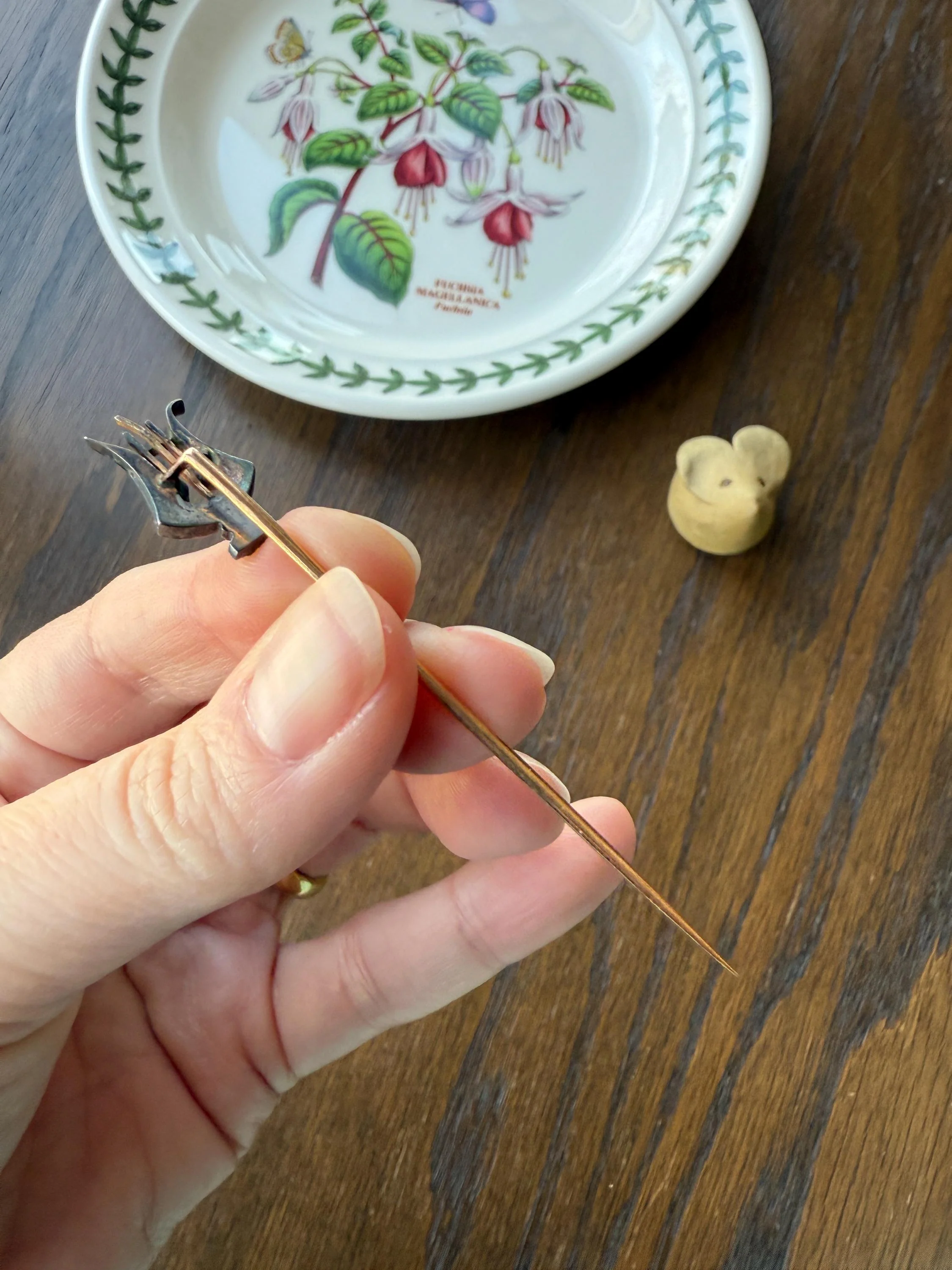 Rose Cut Diamond Encrusted Antique Stick Pin - Harp Lyre Trident Pendant Charm Conversion? 18k Gold & Silver - Image 10