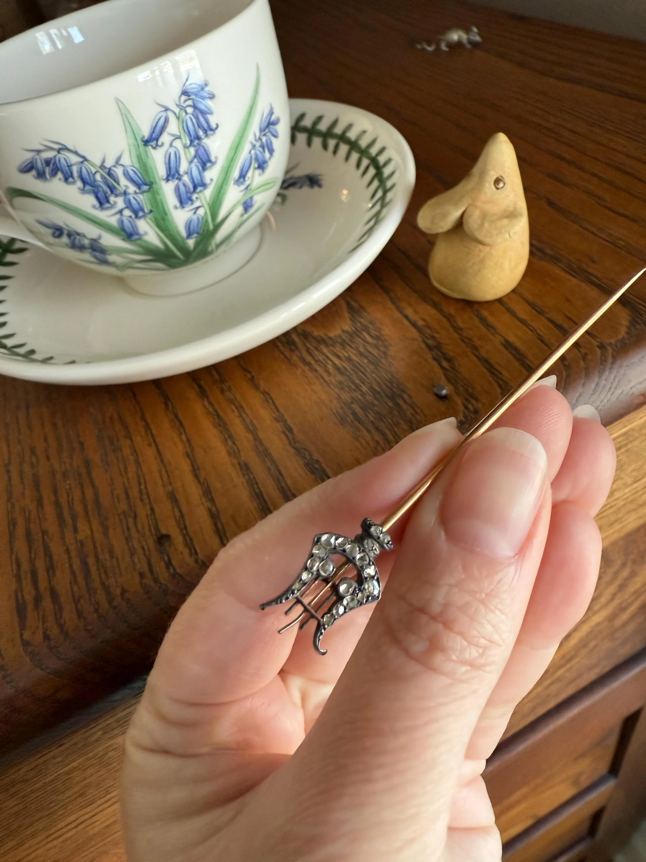 Rose Cut Diamond Encrusted Antique Stick Pin - Harp Lyre Trident Pendant Charm Conversion? 18k Gold & Silver - Image 11