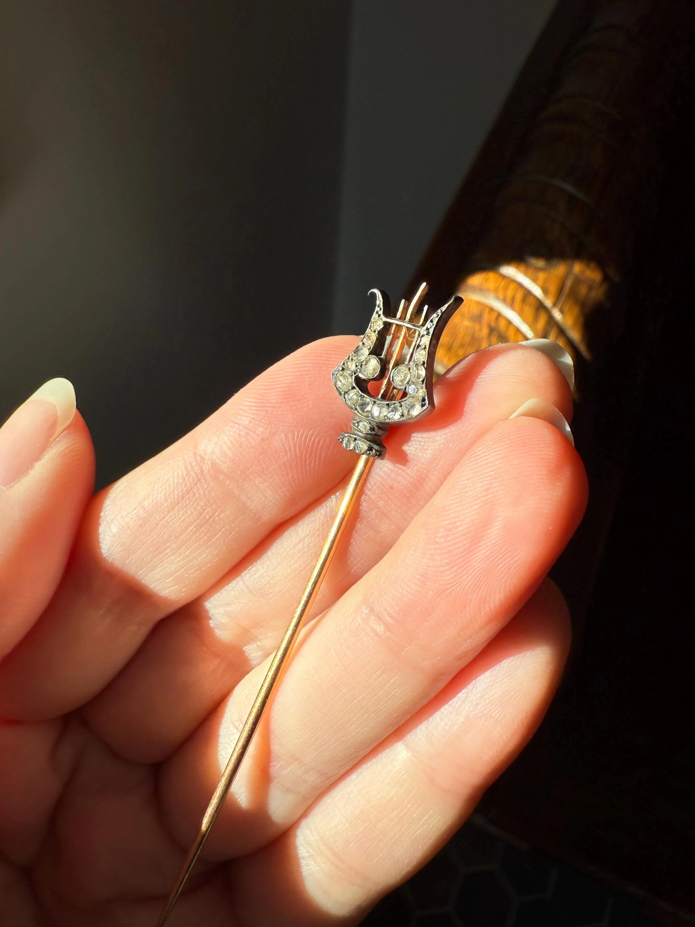 Rose Cut Diamond Encrusted Antique Stick Pin - Harp Lyre Trident Pendant Charm Conversion? 18k Gold & Silver - Image 12