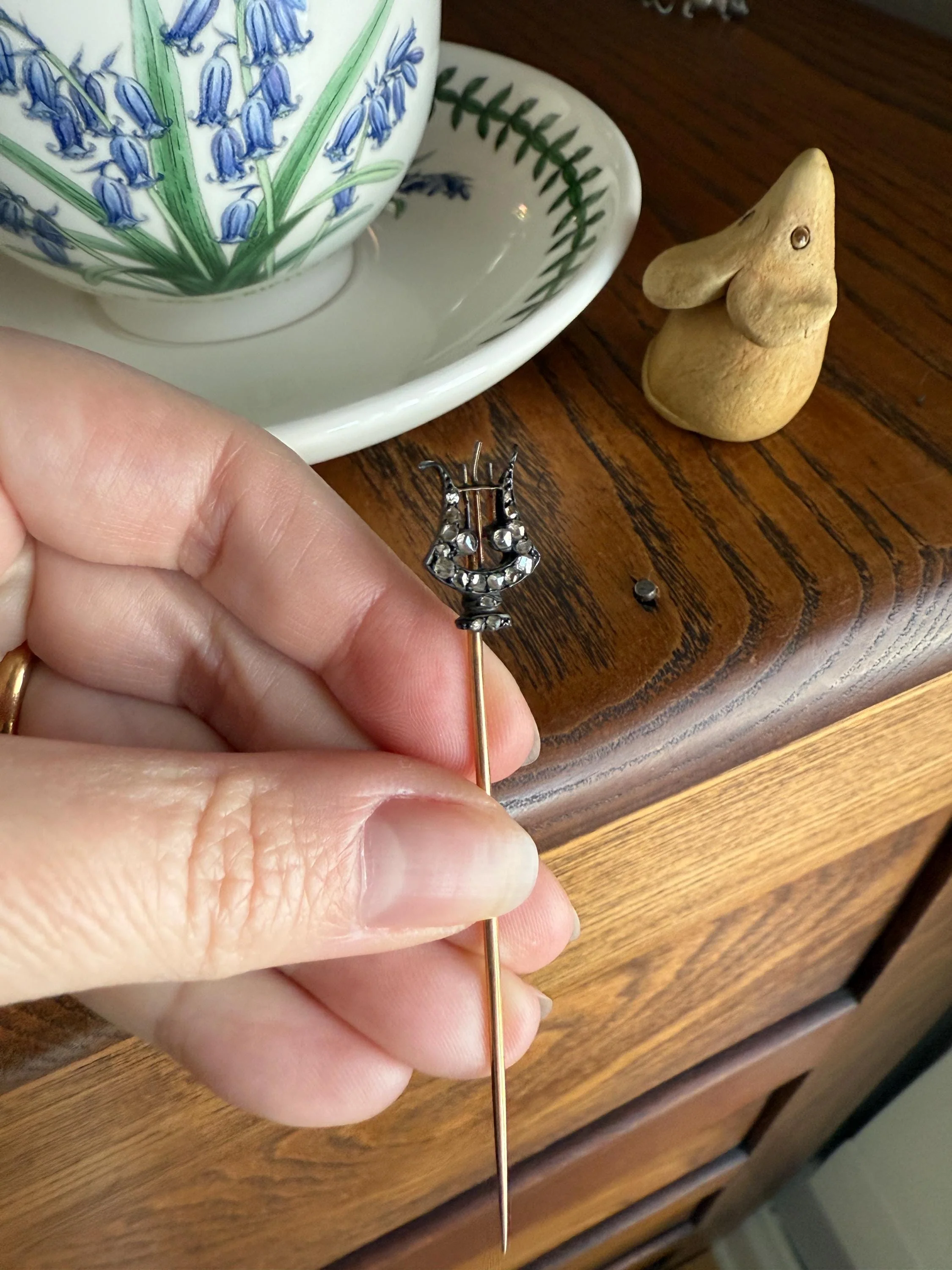 Rose Cut Diamond Encrusted Antique Stick Pin - Harp Lyre Trident Pendant Charm Conversion? 18k Gold & Silver - Image 6