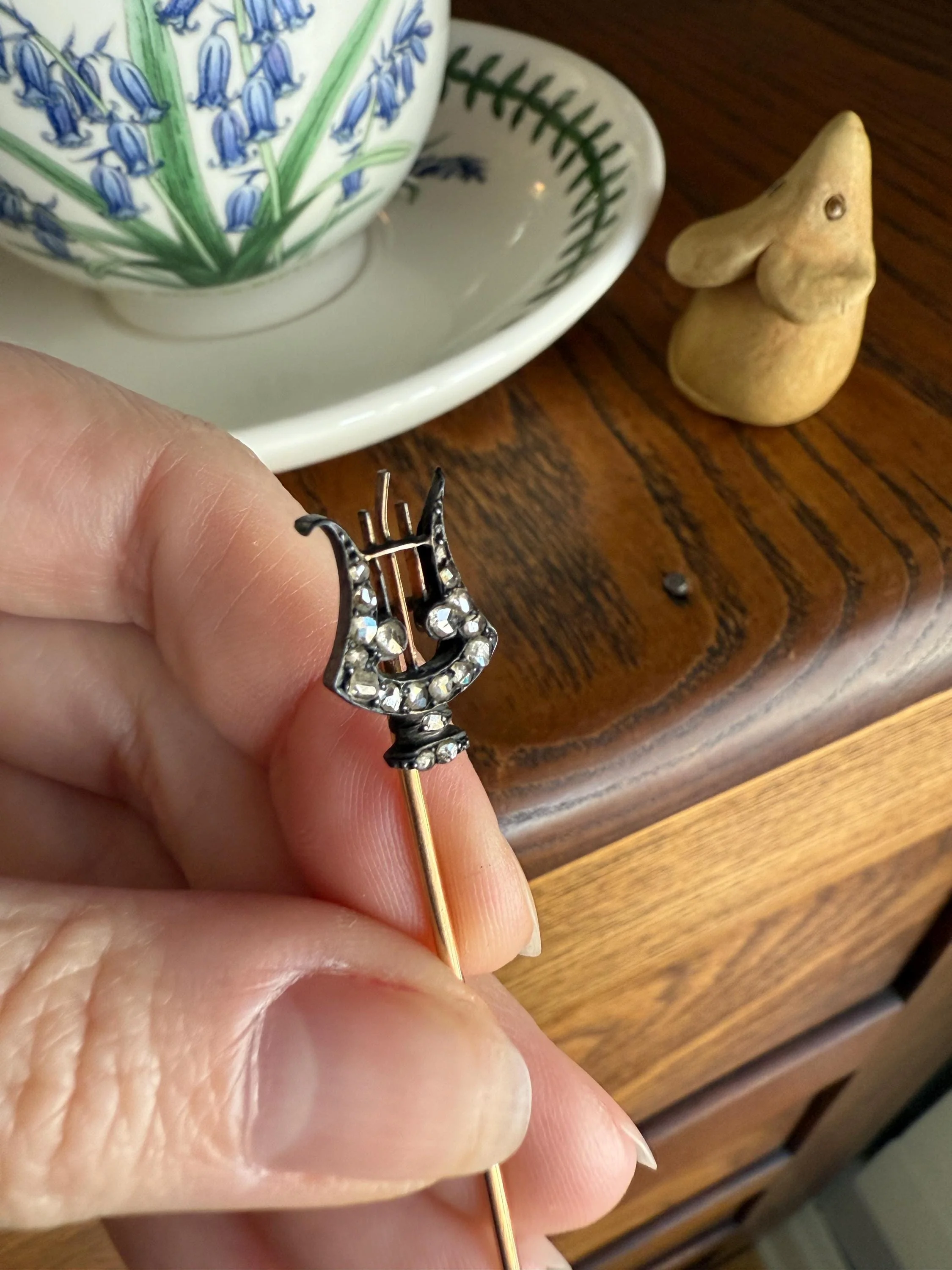 Rose Cut Diamond Encrusted Antique Stick Pin - Harp Lyre Trident Pendant Charm Conversion? 18k Gold & Silver - Image 9