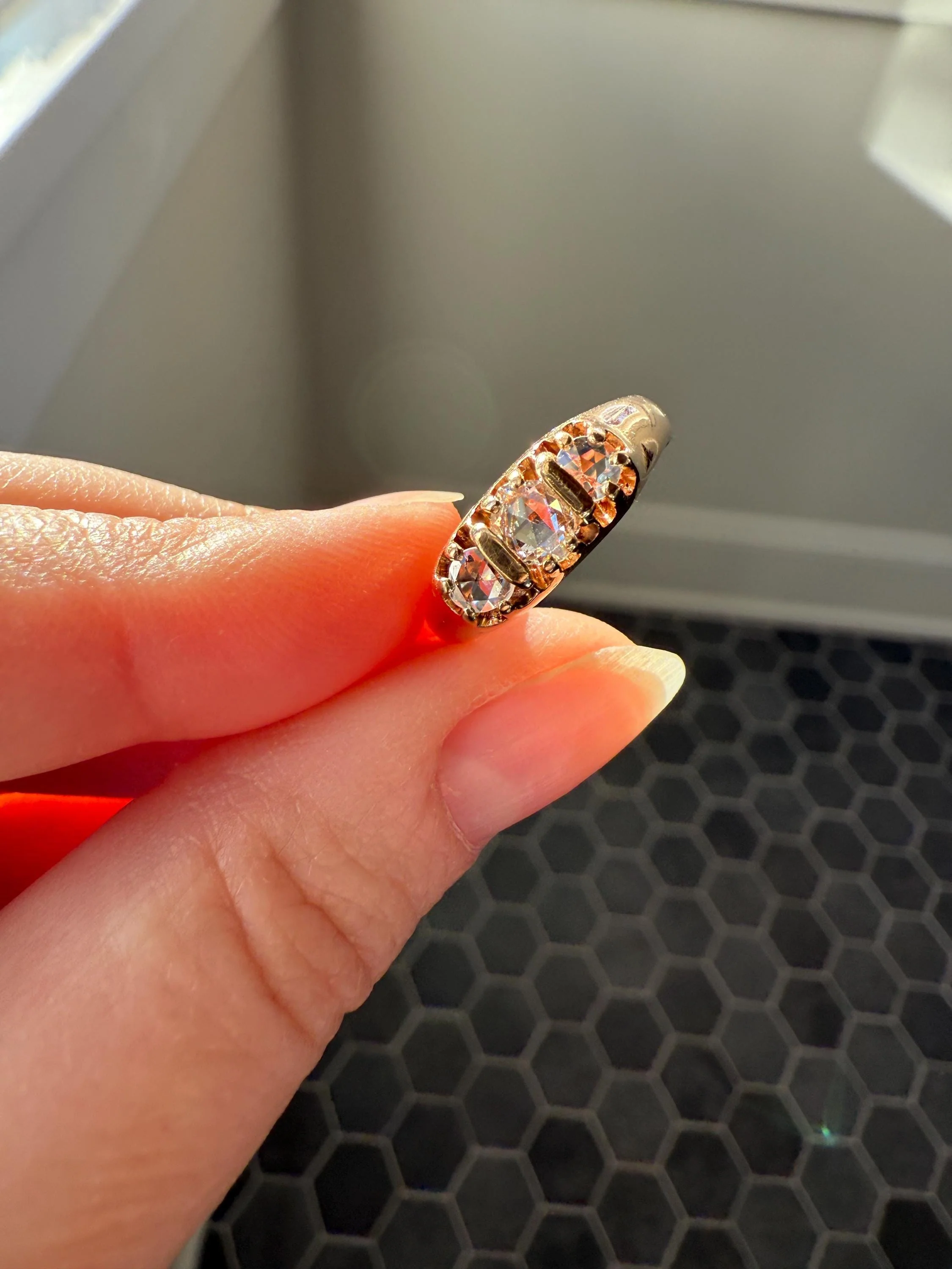 ROSE CUT DIAMOND Three Stone Antique Band Stacker Ring 14k Gold Glowing Trinity - Image 10