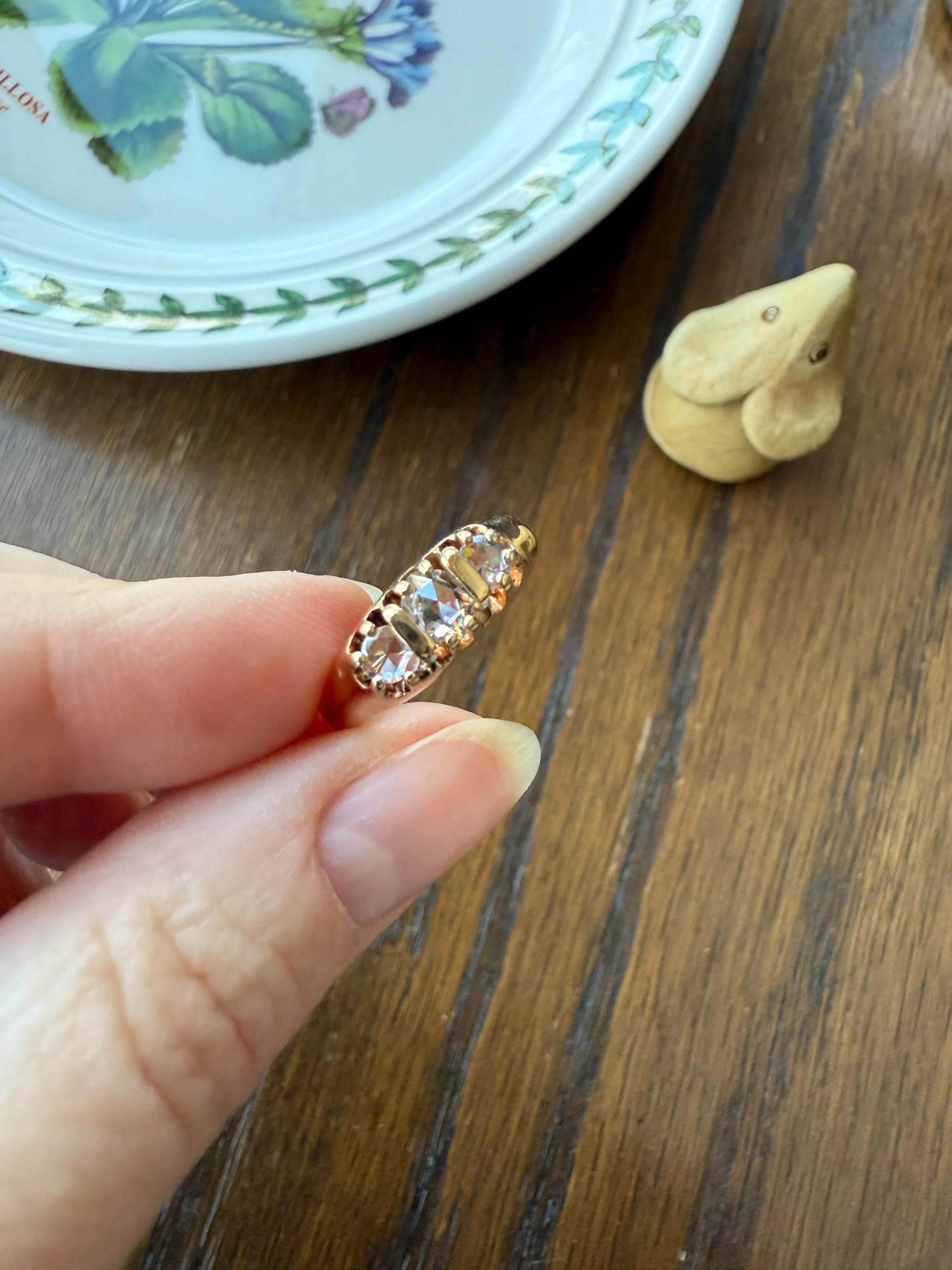 ROSE CUT DIAMOND Three Stone Antique Band Stacker Ring 14k Gold Glowing Trinity - Image 11