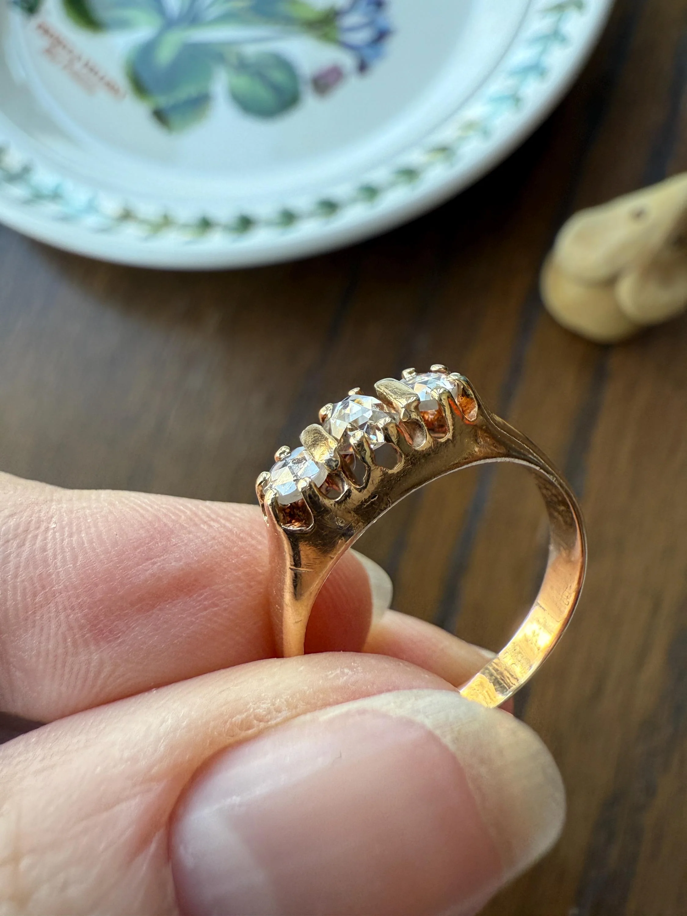 ROSE CUT DIAMOND Three Stone Antique Band Stacker Ring 14k Gold Glowing Trinity - Image 12