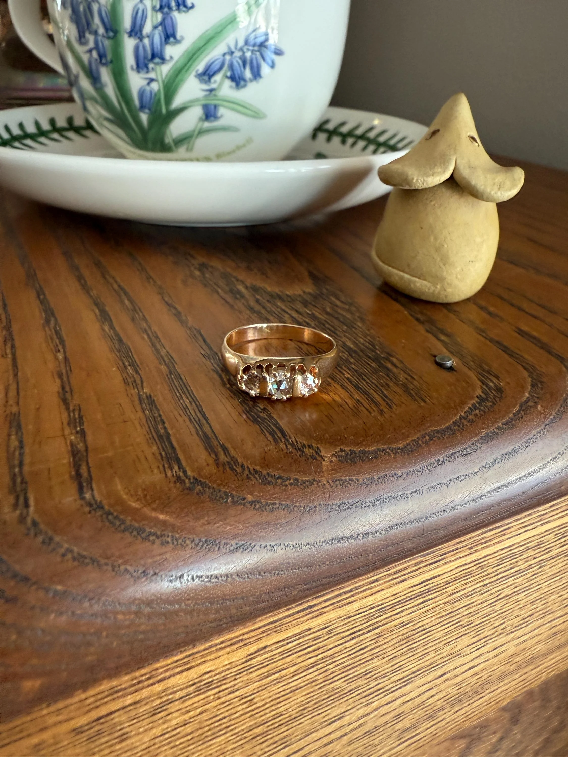 ROSE CUT DIAMOND Three Stone Antique Band Stacker Ring 14k Gold Glowing Trinity - Image 13