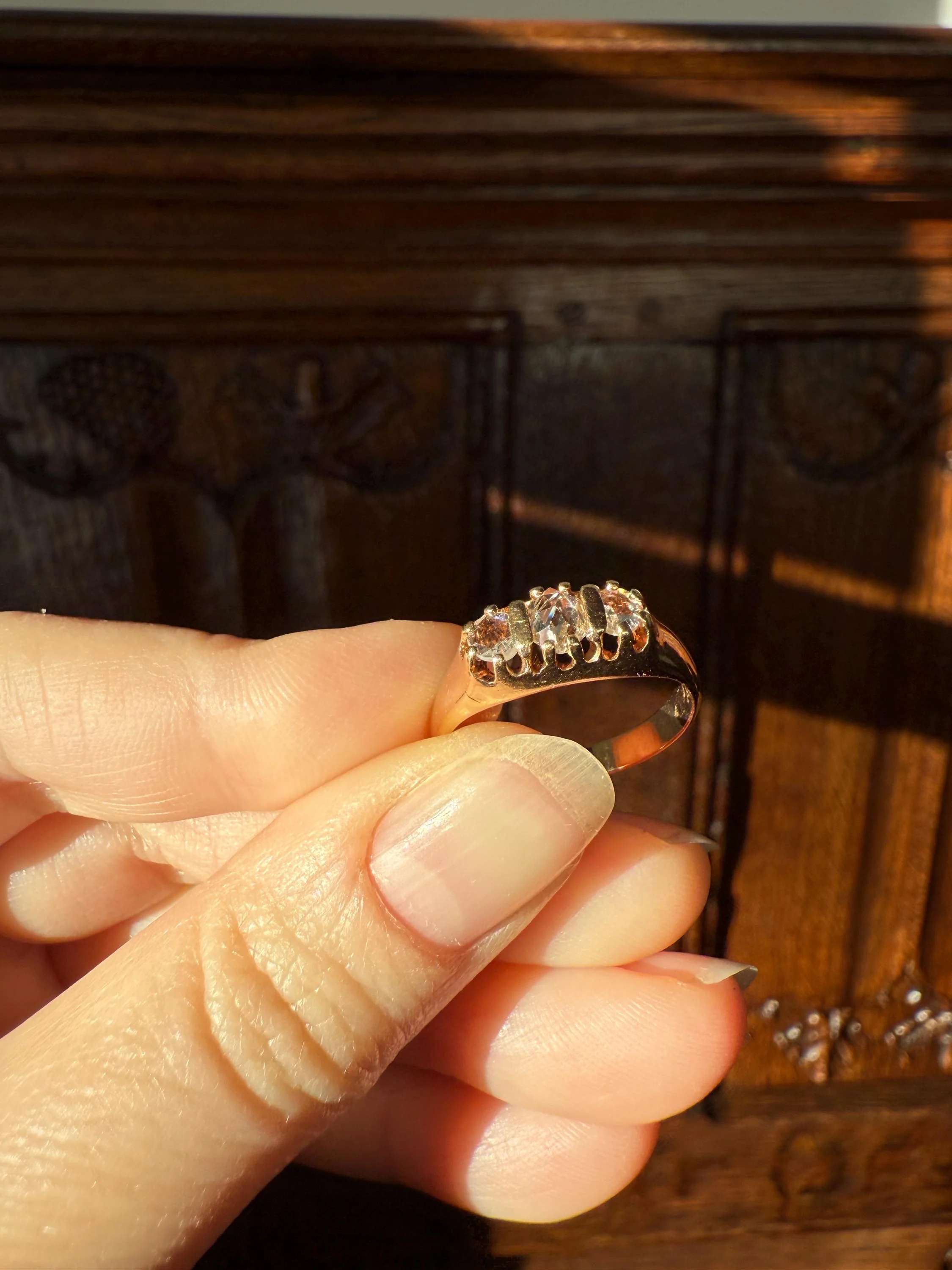 ROSE CUT DIAMOND Three Stone Antique Band Stacker Ring 14k Gold Glowing Trinity - Image 14