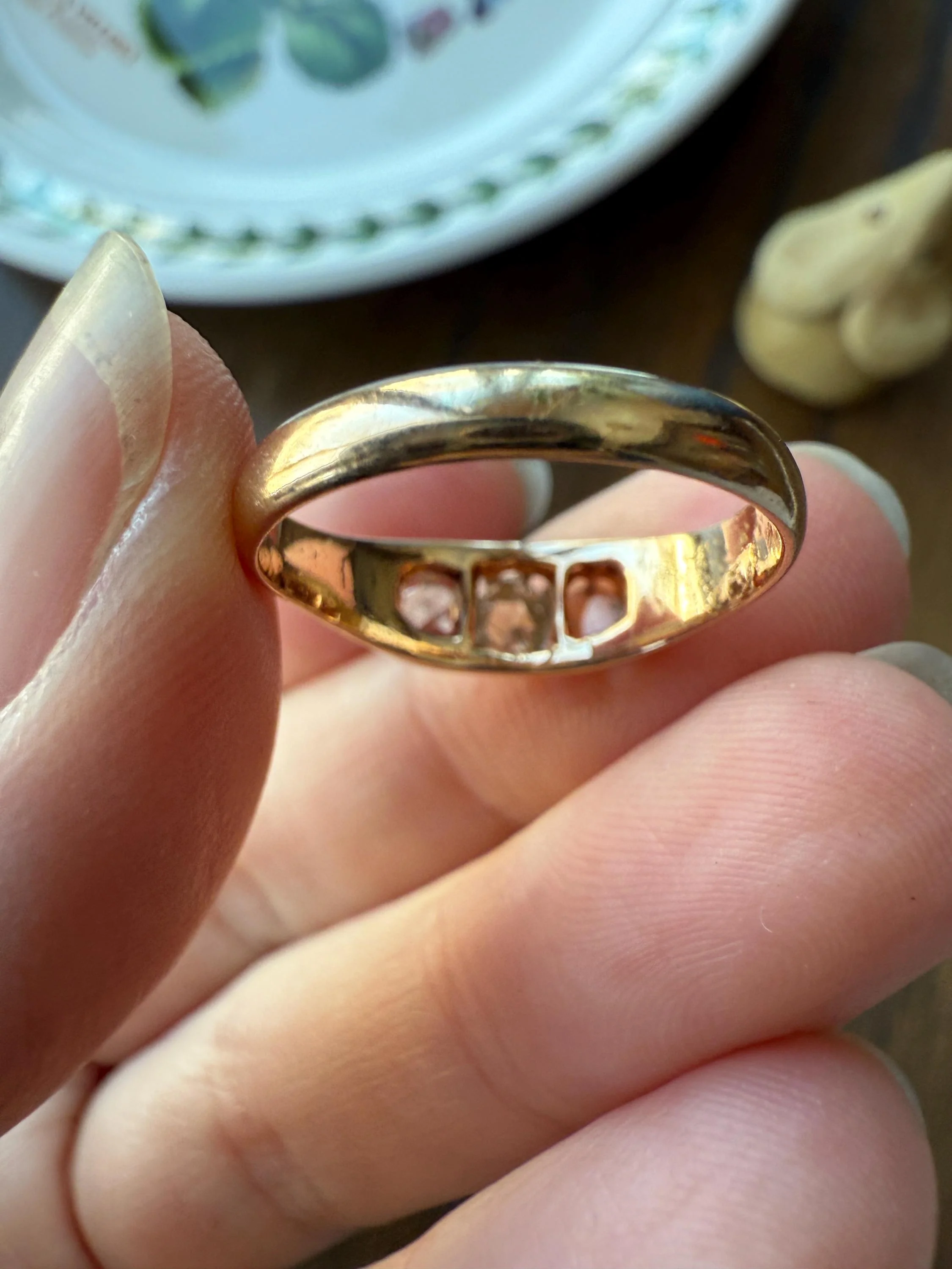 ROSE CUT DIAMOND Three Stone Antique Band Stacker Ring 14k Gold Glowing Trinity - Image 16
