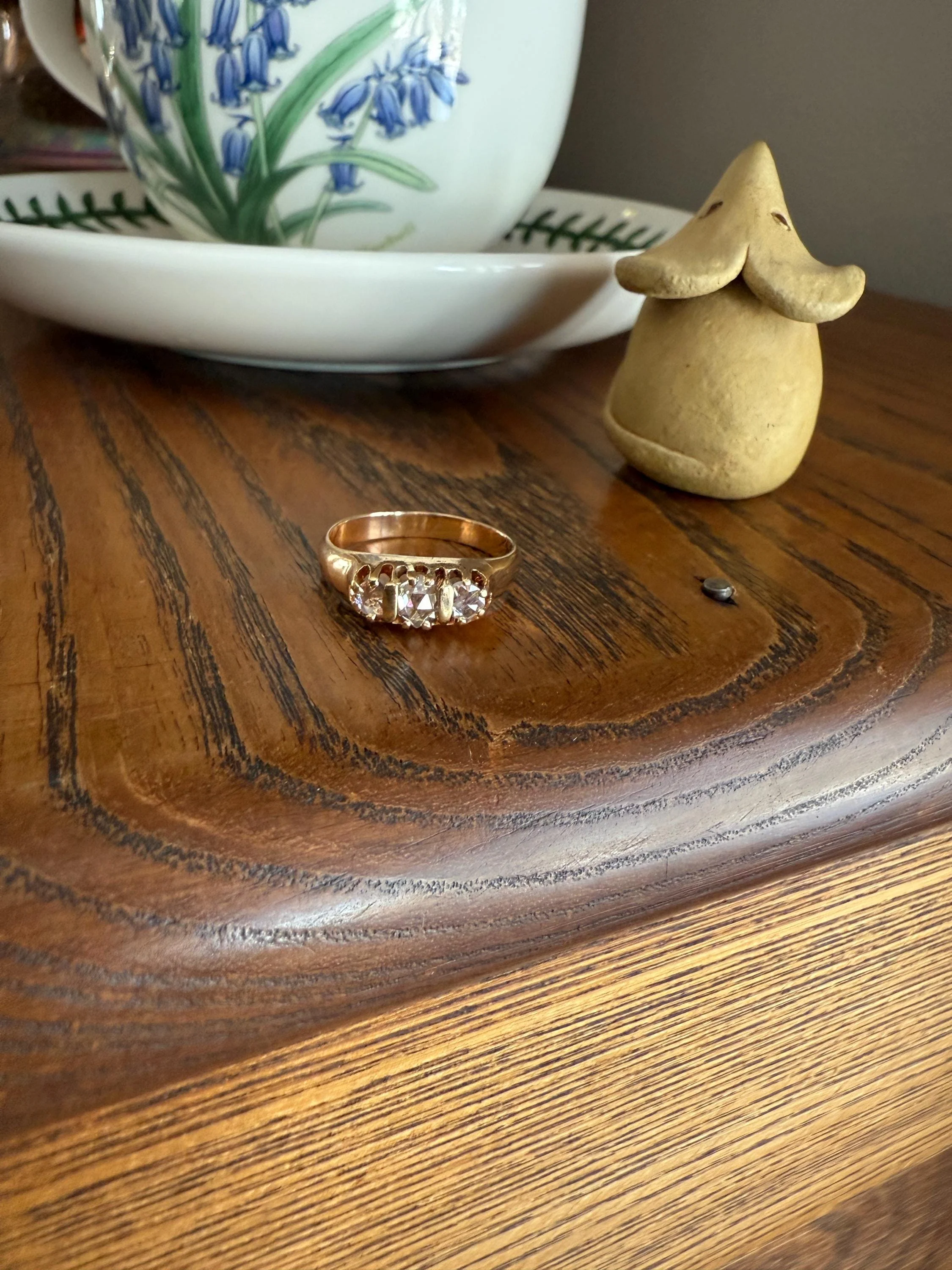 ROSE CUT DIAMOND Three Stone Antique Band Stacker Ring 14k Gold Glowing Trinity - Image 18