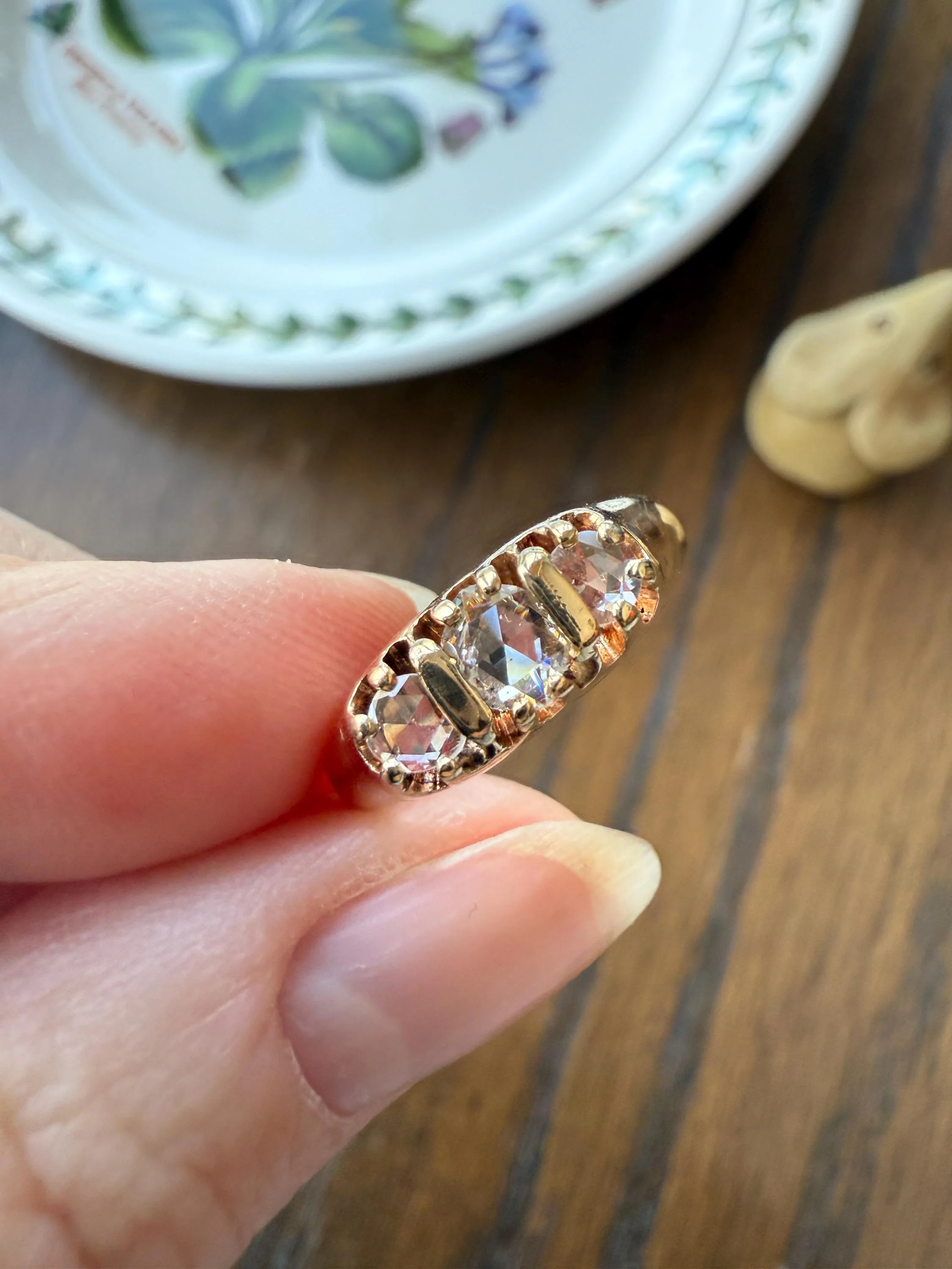 ROSE CUT DIAMOND Three Stone Antique Band Stacker Ring 14k Gold Glowing Trinity - Image 2