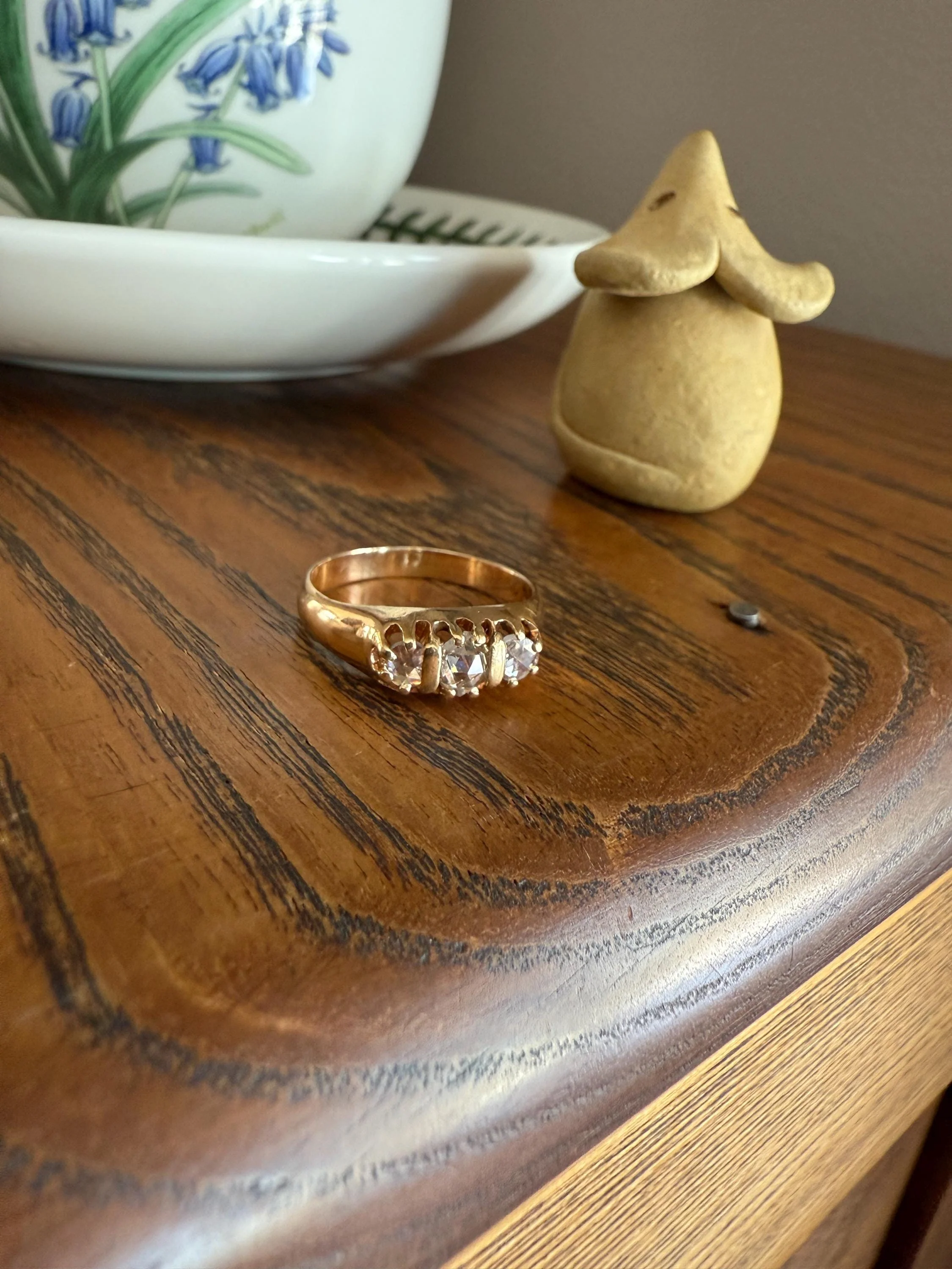 ROSE CUT DIAMOND Three Stone Antique Band Stacker Ring 14k Gold Glowing Trinity - Image 3